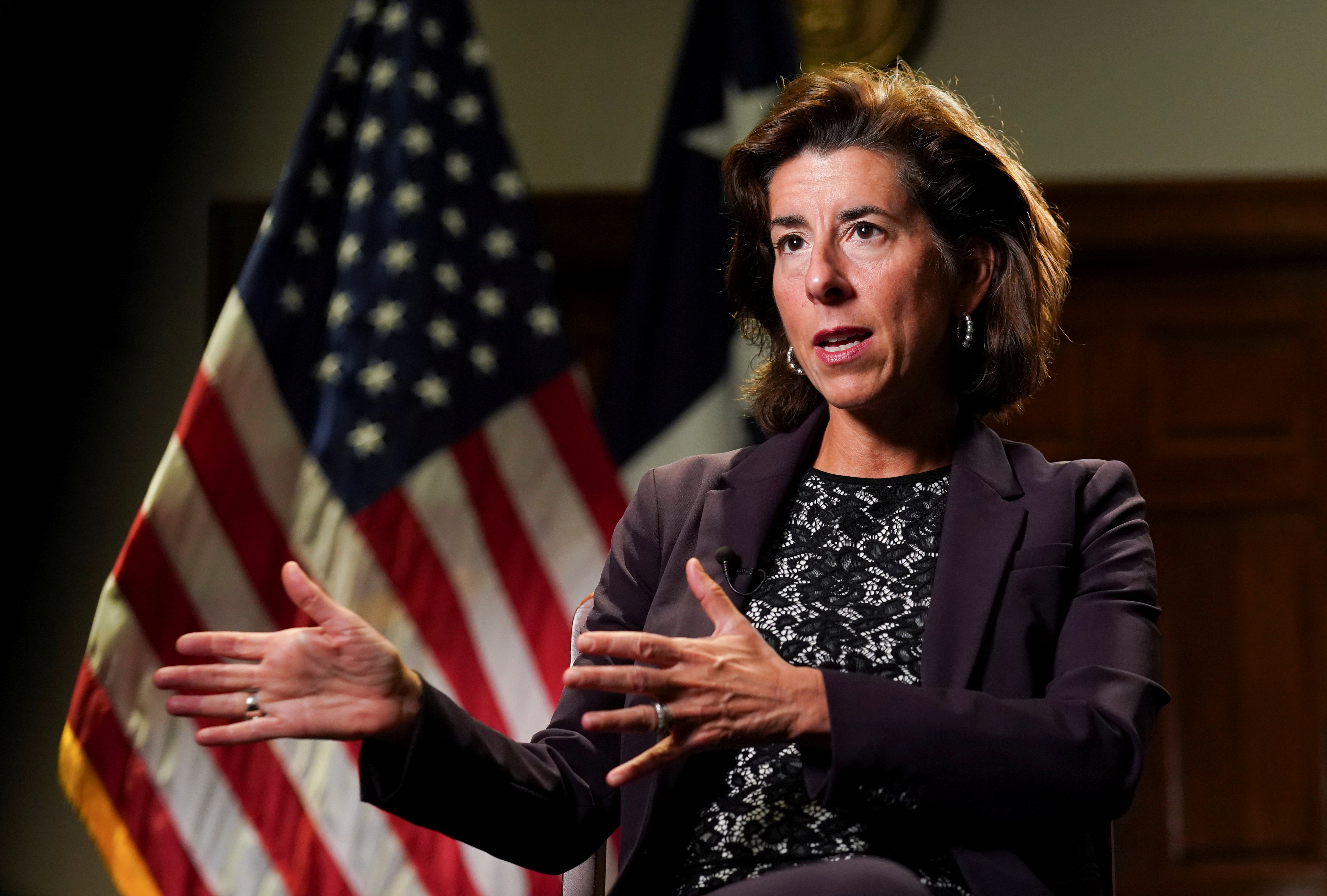 U.S. Commerce Secretary Gina Raimondo speaks during a Reuters interview at the Department of Commerce in Washington U.S., September 23, 2021. REUTERS/Kevin Lamarque