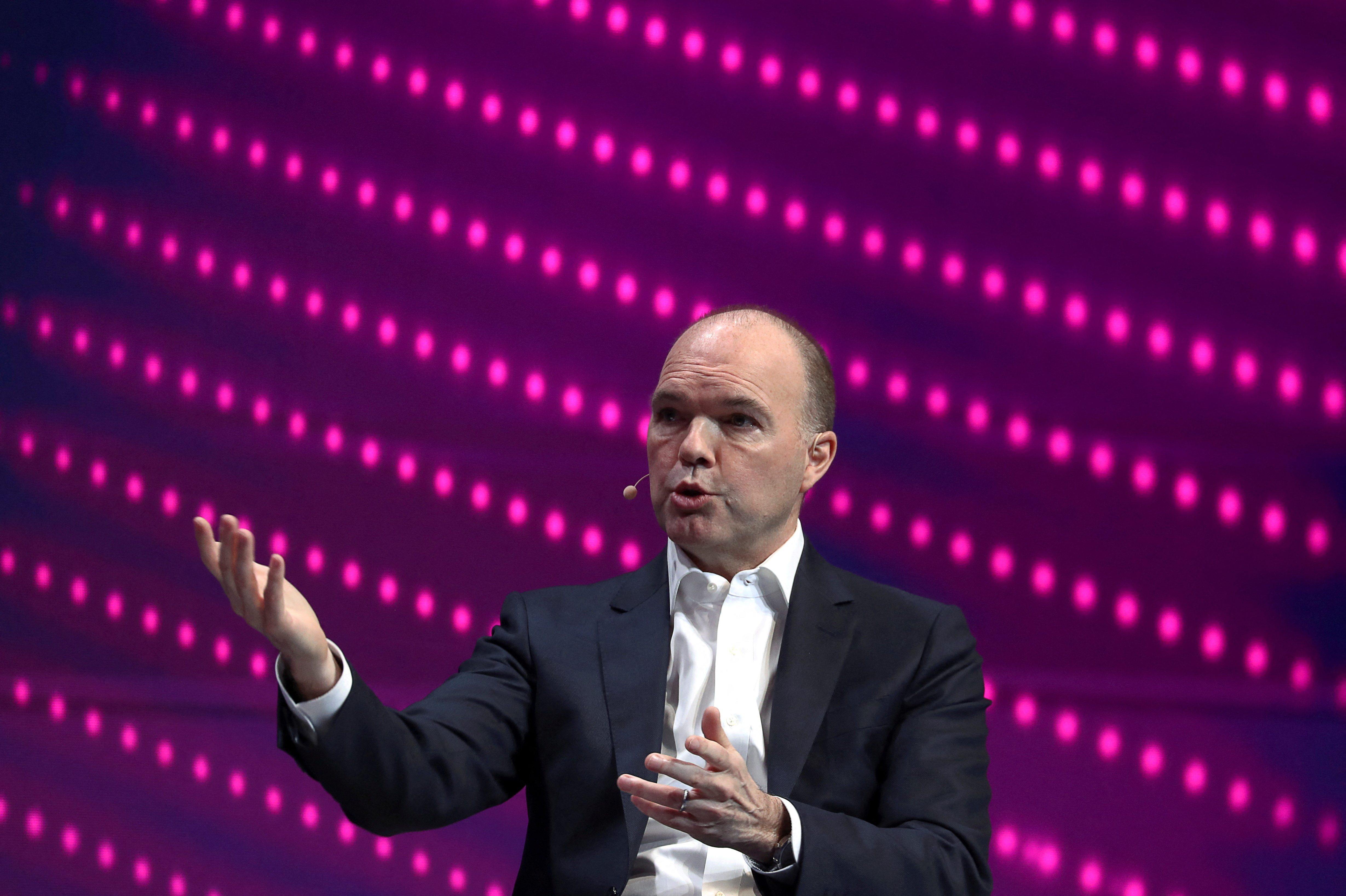 Nick Read, CEO of Vodafone, gestures as he speaks during the Mobile World Congress in Barcelona