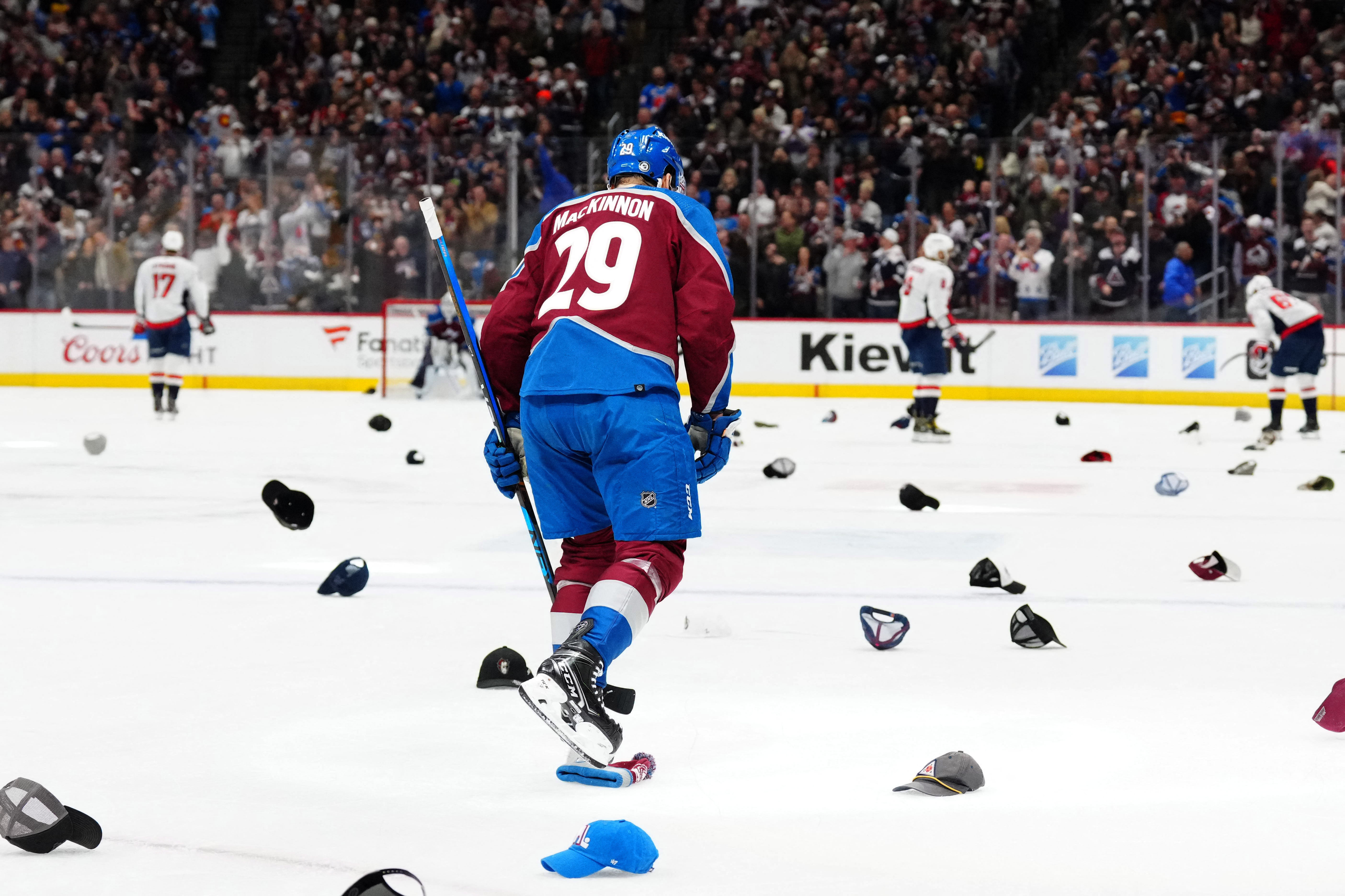 Nathan MacKinnon gets bras tossed on ice after 4 goal performance :  r/ColoradoAvalanche