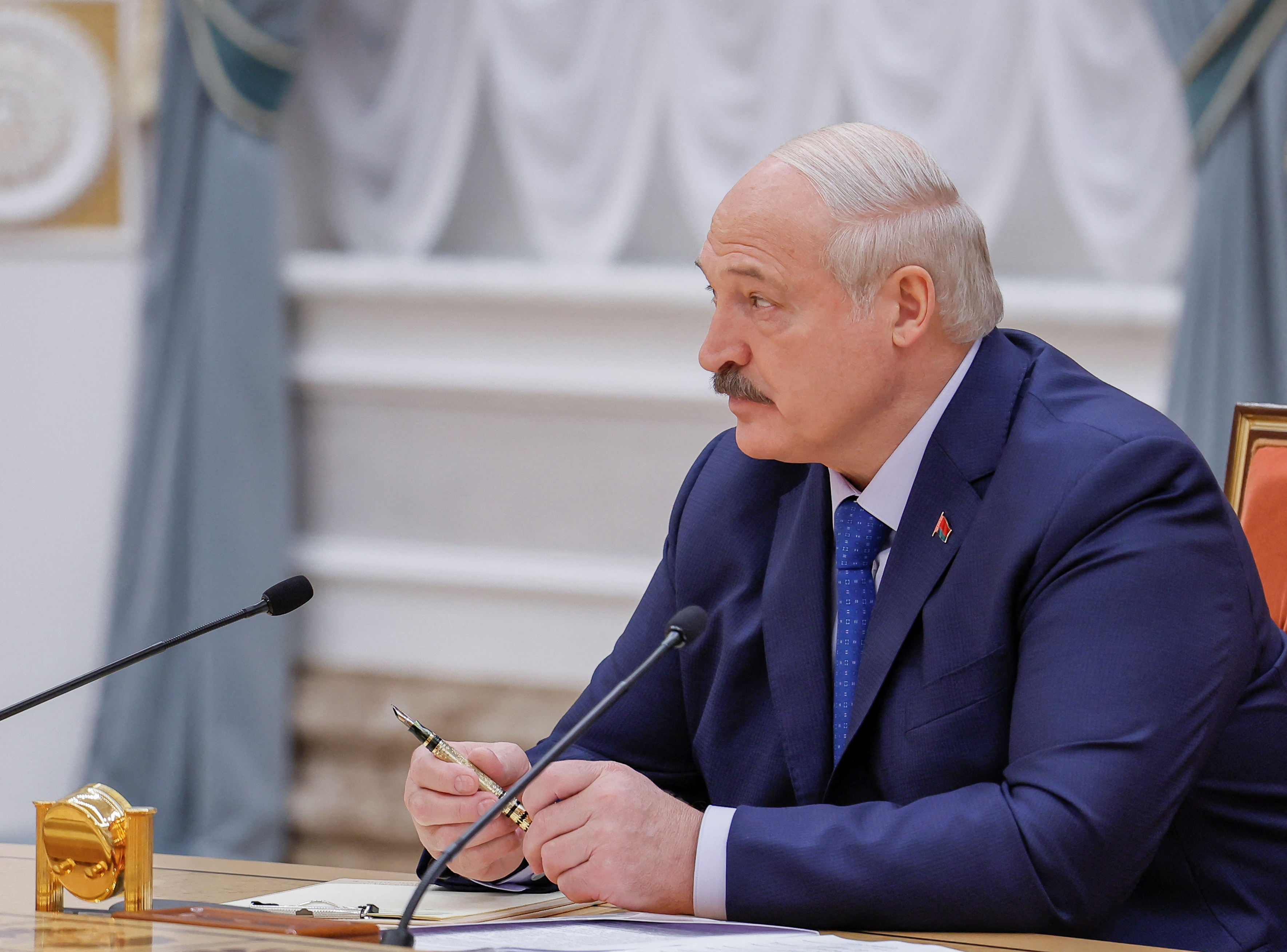 Belarusian President Alexander Lukashenko attends a press conference in Minsk