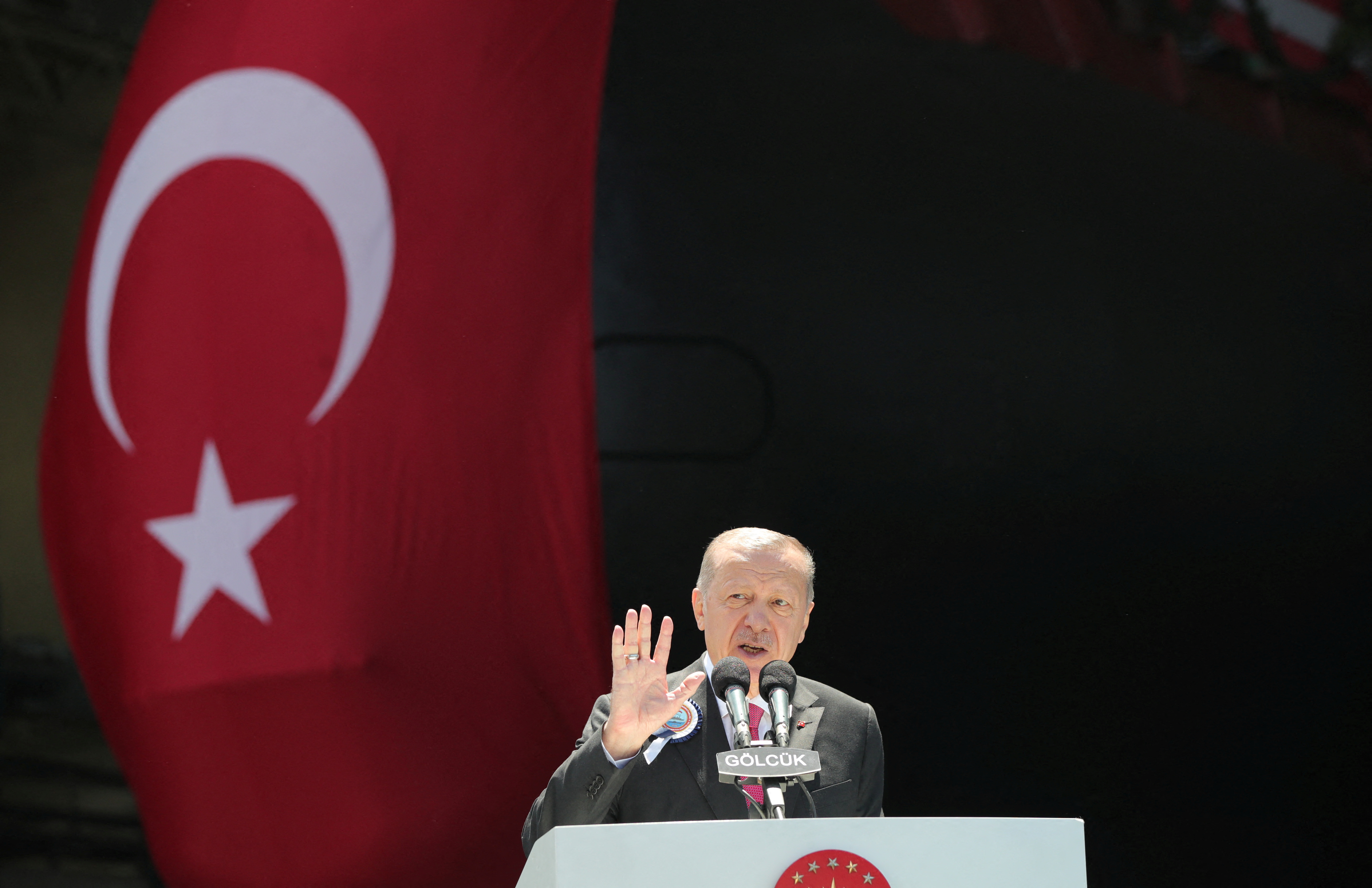 Turkish President Erdogan speaks during a ceremony at the Golcuk Naval Shipyard