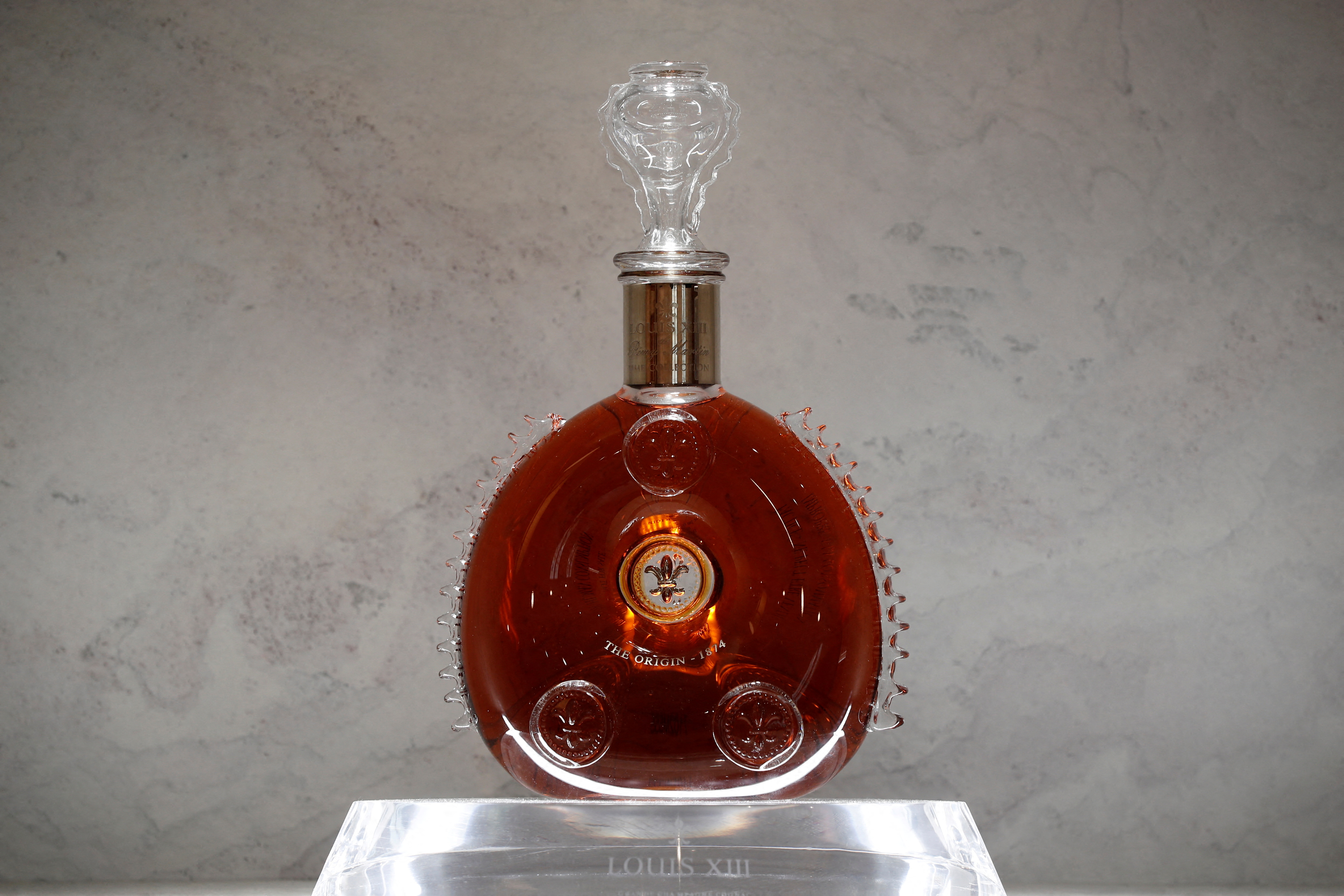 A bottle of Remy Martin LOUIS XIII cognac is displayed at the Remy Cointreau SA headquarters in Paris