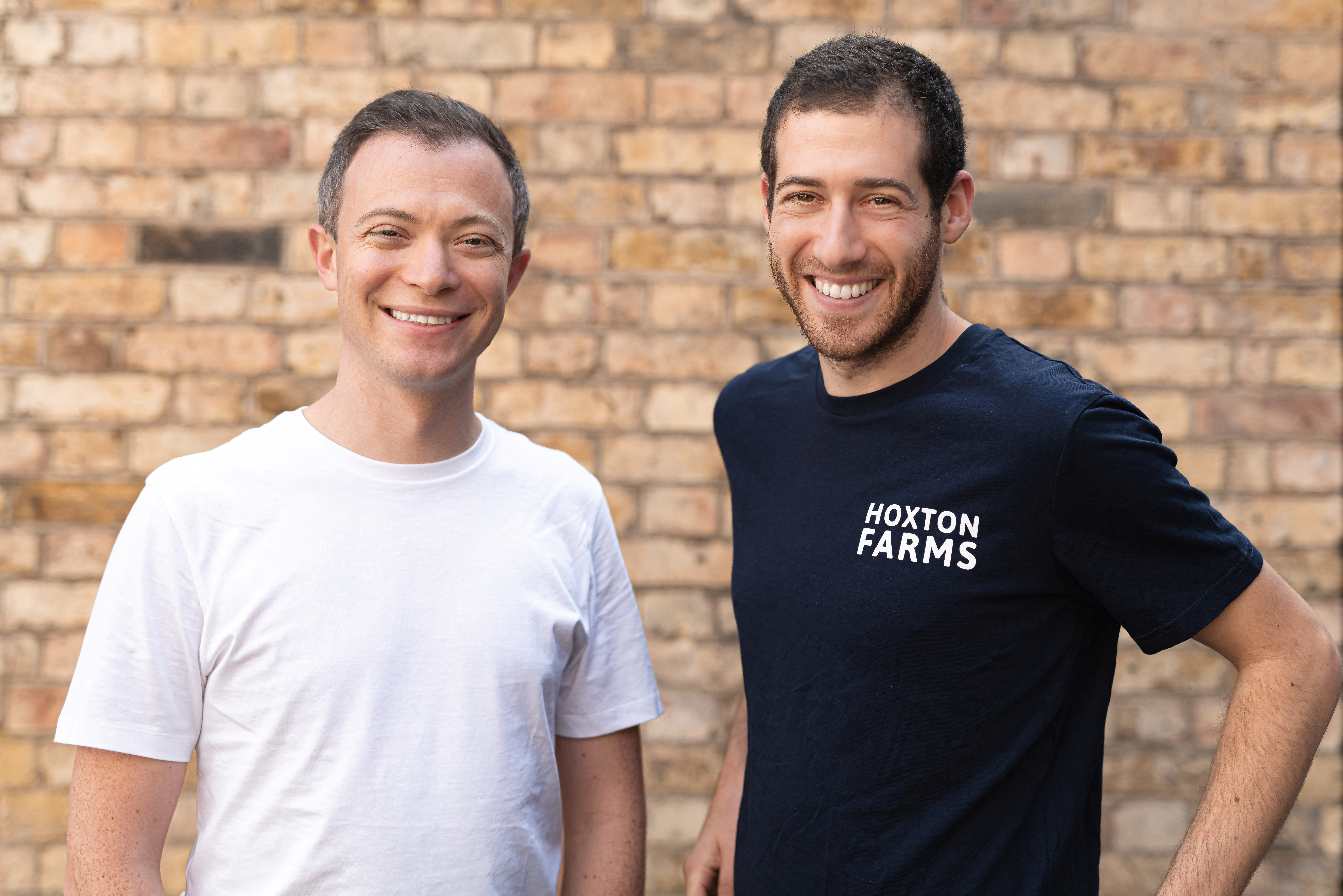 Hoxton Farms founders Max Jamilly and Ed Steele pose for a photo, in London