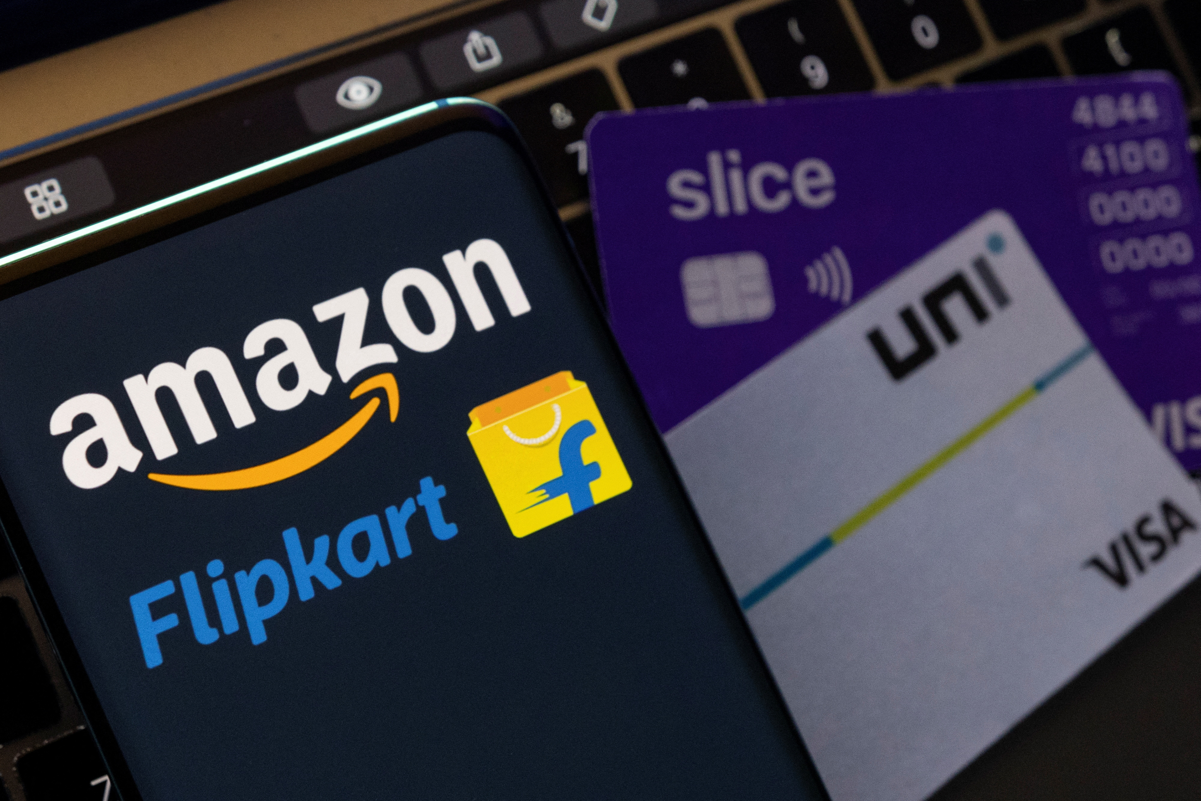 Illustration shows Amazon, Flipkart, Slice and Uni logos