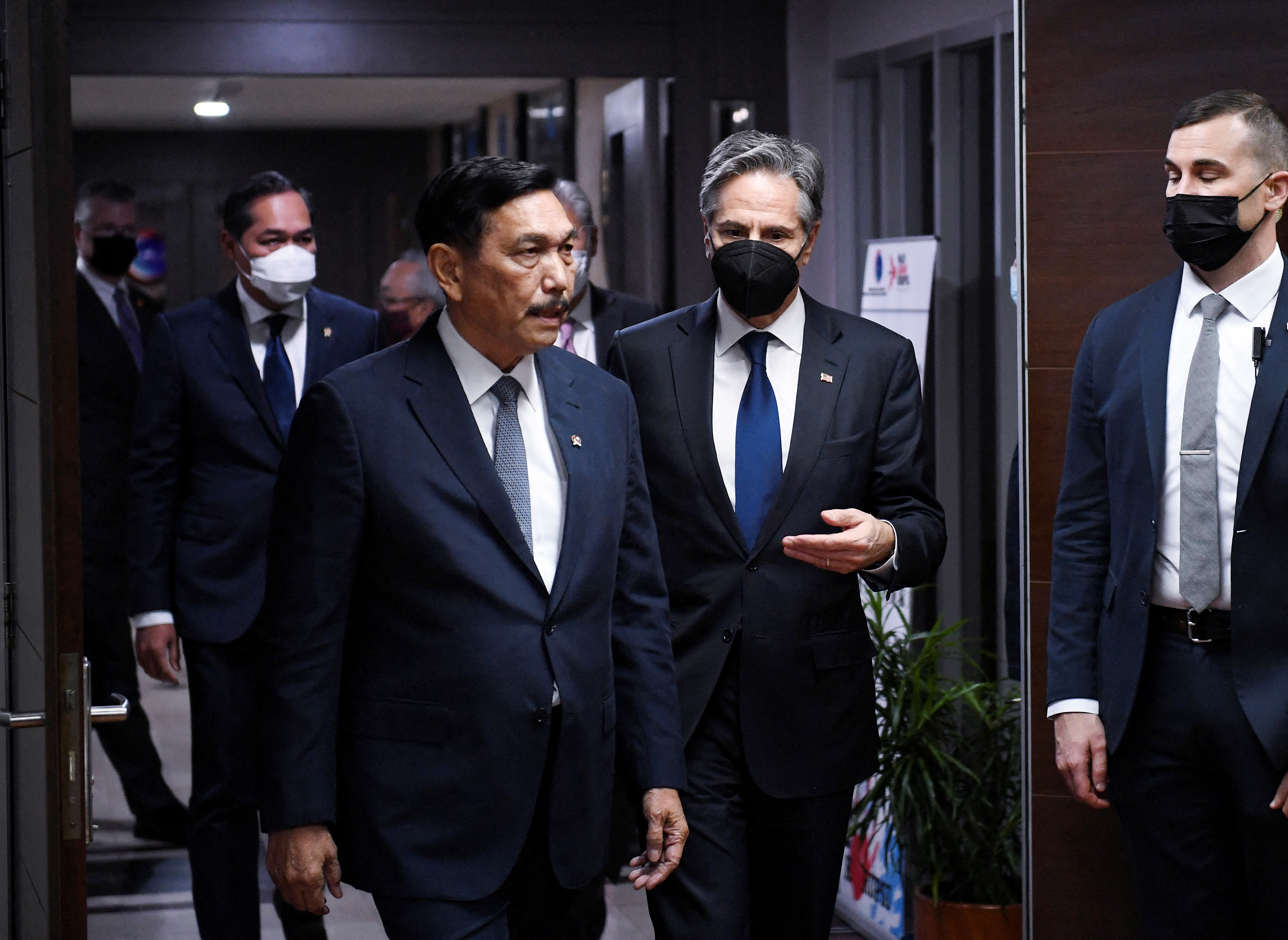 U.S. Secretary of State Antony Blinken and Coordinating Minister for Maritime Affairs and Investment Luhut Binsar Pandjaitan arrive for a meeting at the Coordinating Ministry for Maritime Affairs and Investment in Jakarta