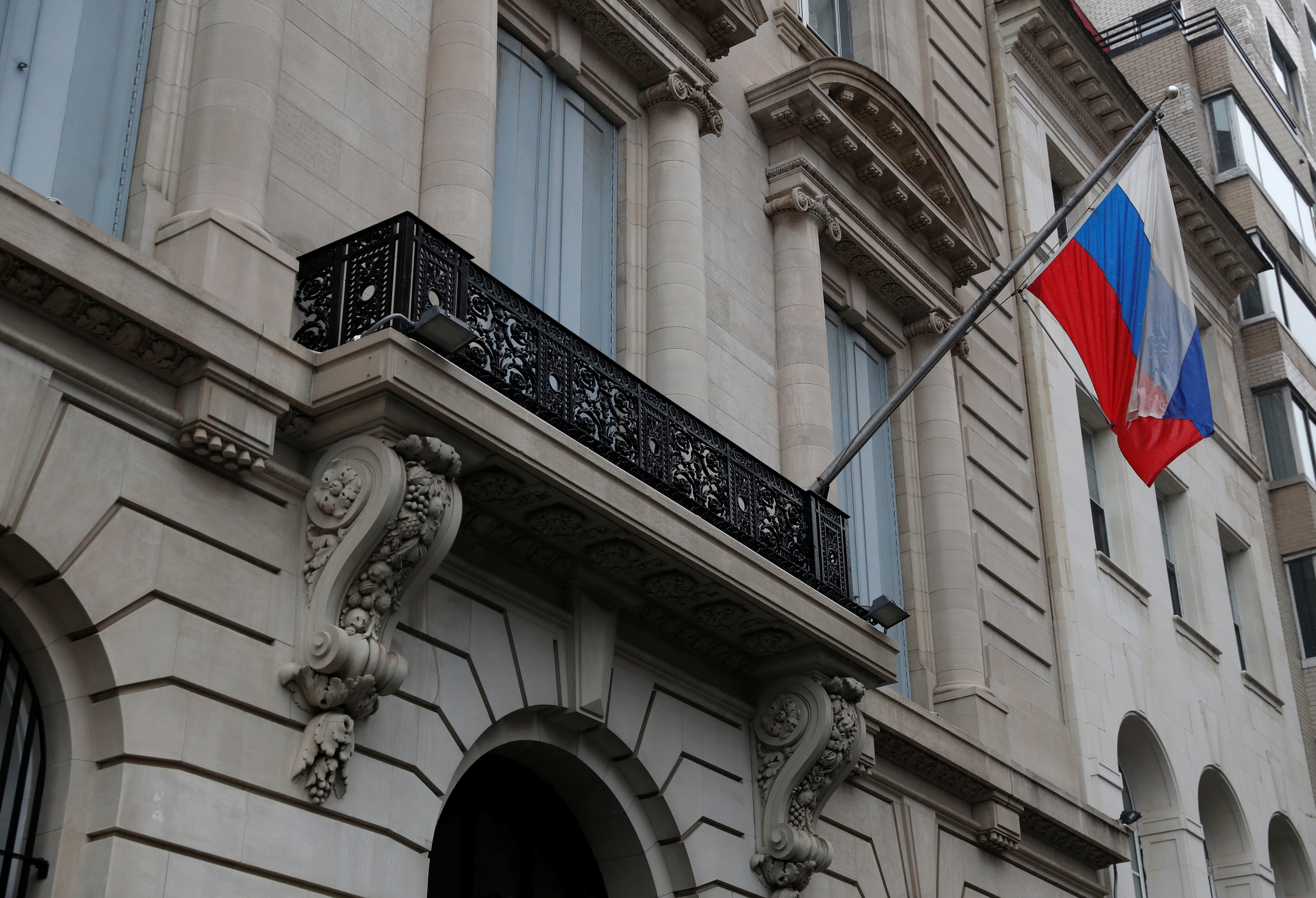 The Russian flag flutters on the Consulate-General of the Russian Federation in New York City