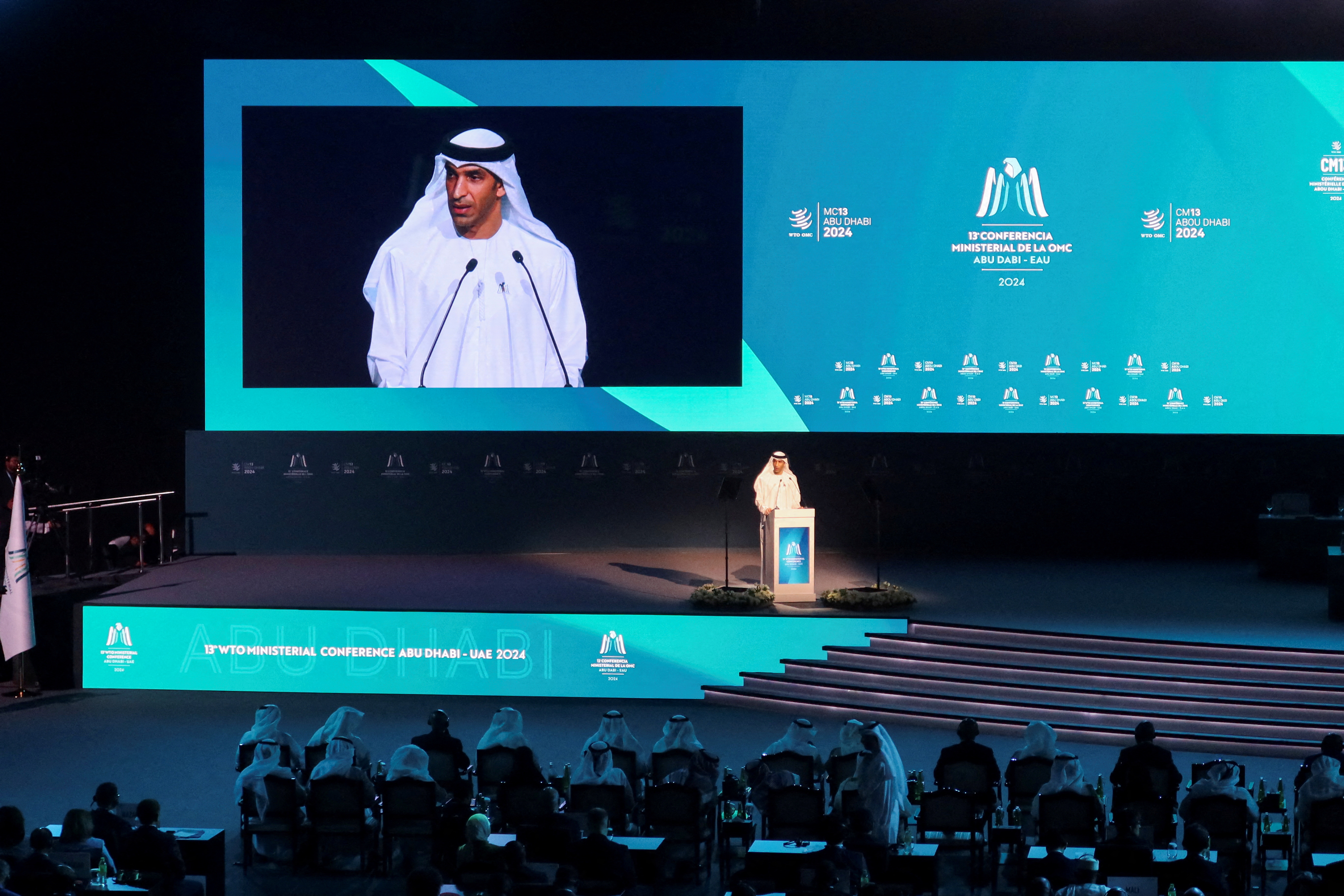 UAE Minister of Foreign Trade Thani bin Ahmed Al Zeyoudi speaks during the opening ceremony of the WTO ministerial meeting in Abu Dhabi