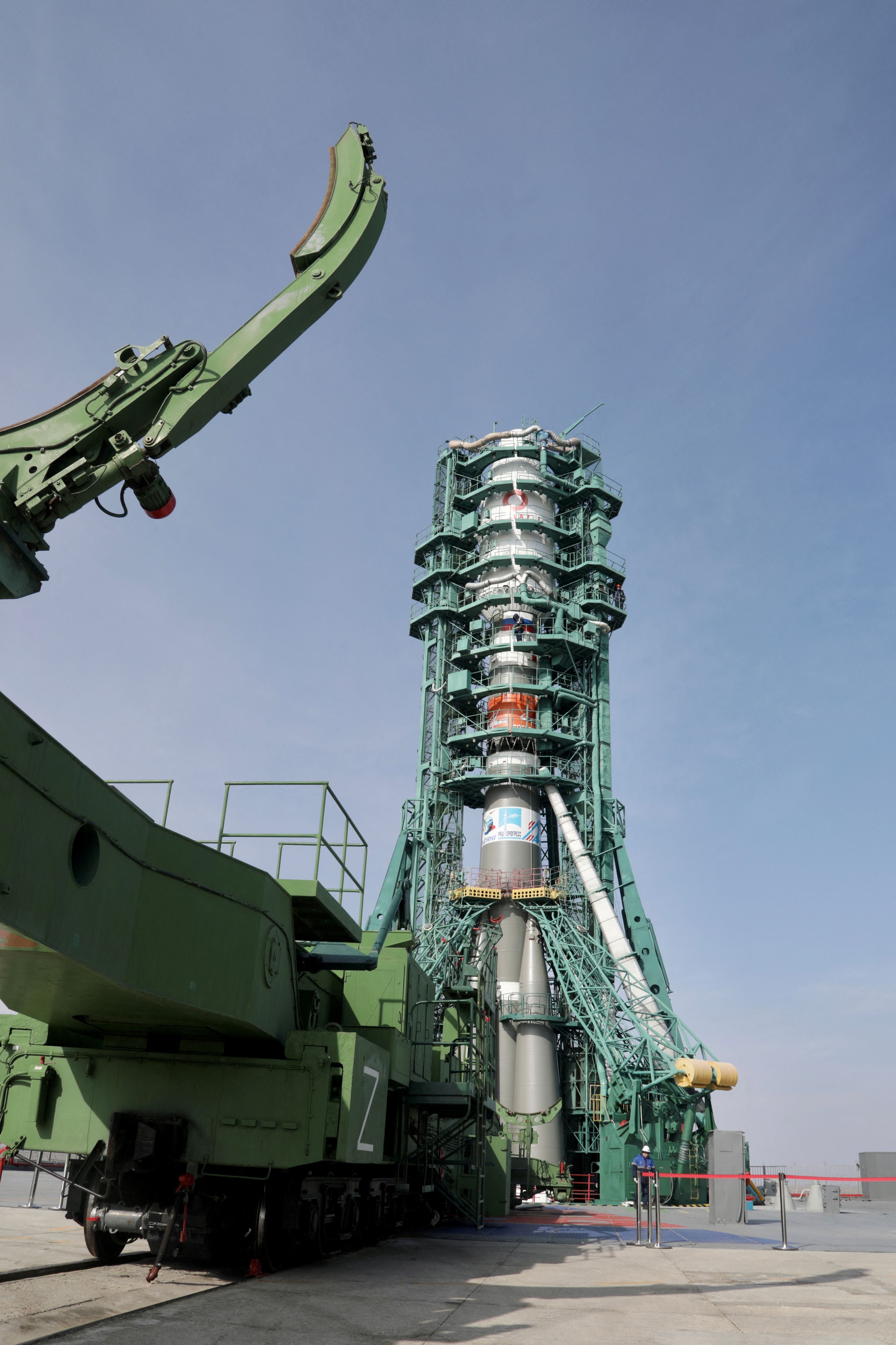 A Soyuz rocket with satellites of British firm OneWeb is removed from a launchpad at the Baikonur Cosmodrome