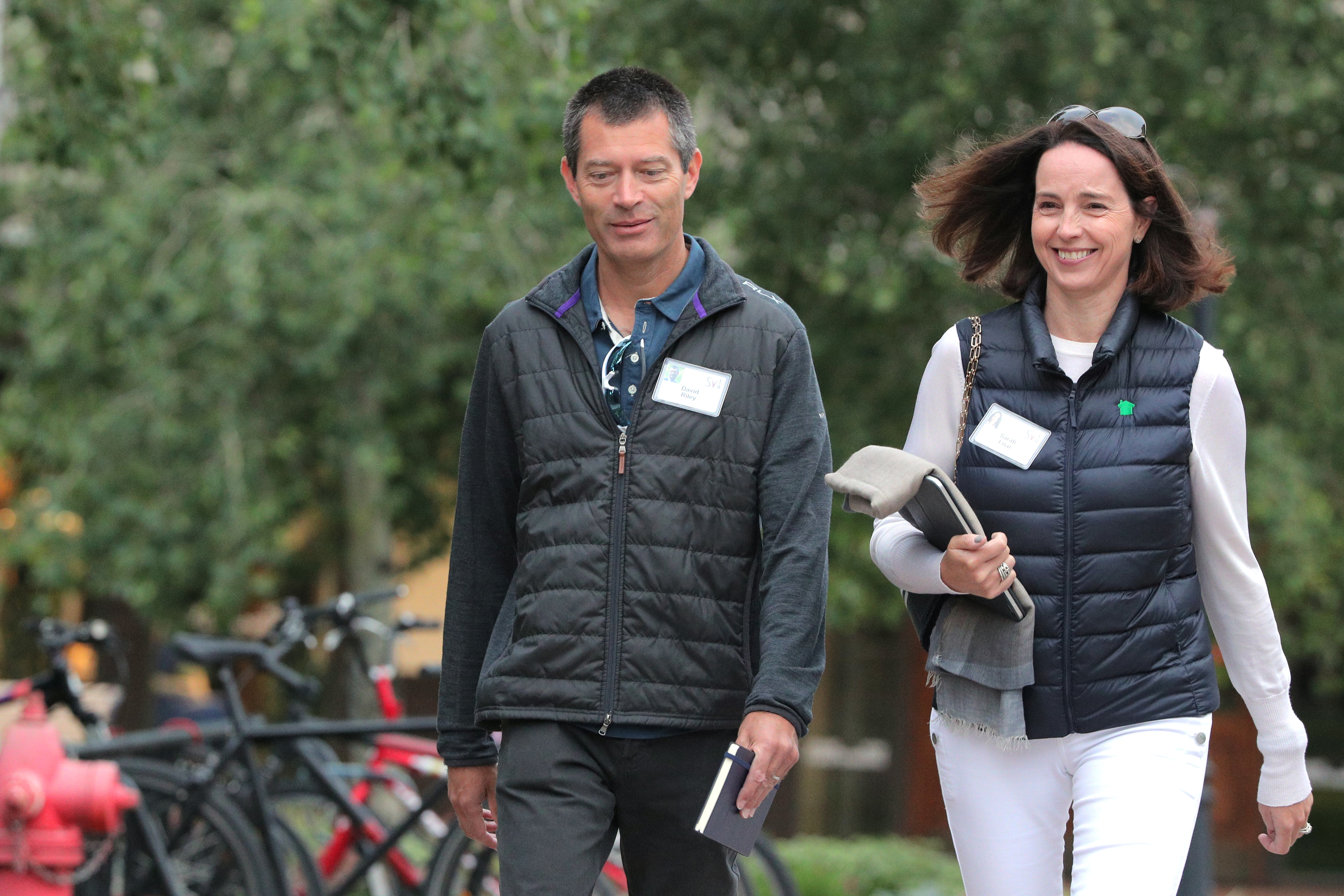 Sarah Friar, CEO of Nextdoor, and David Riley attend the annual Allen and Co. Sun Valley media conference in Sun Valley, Idaho