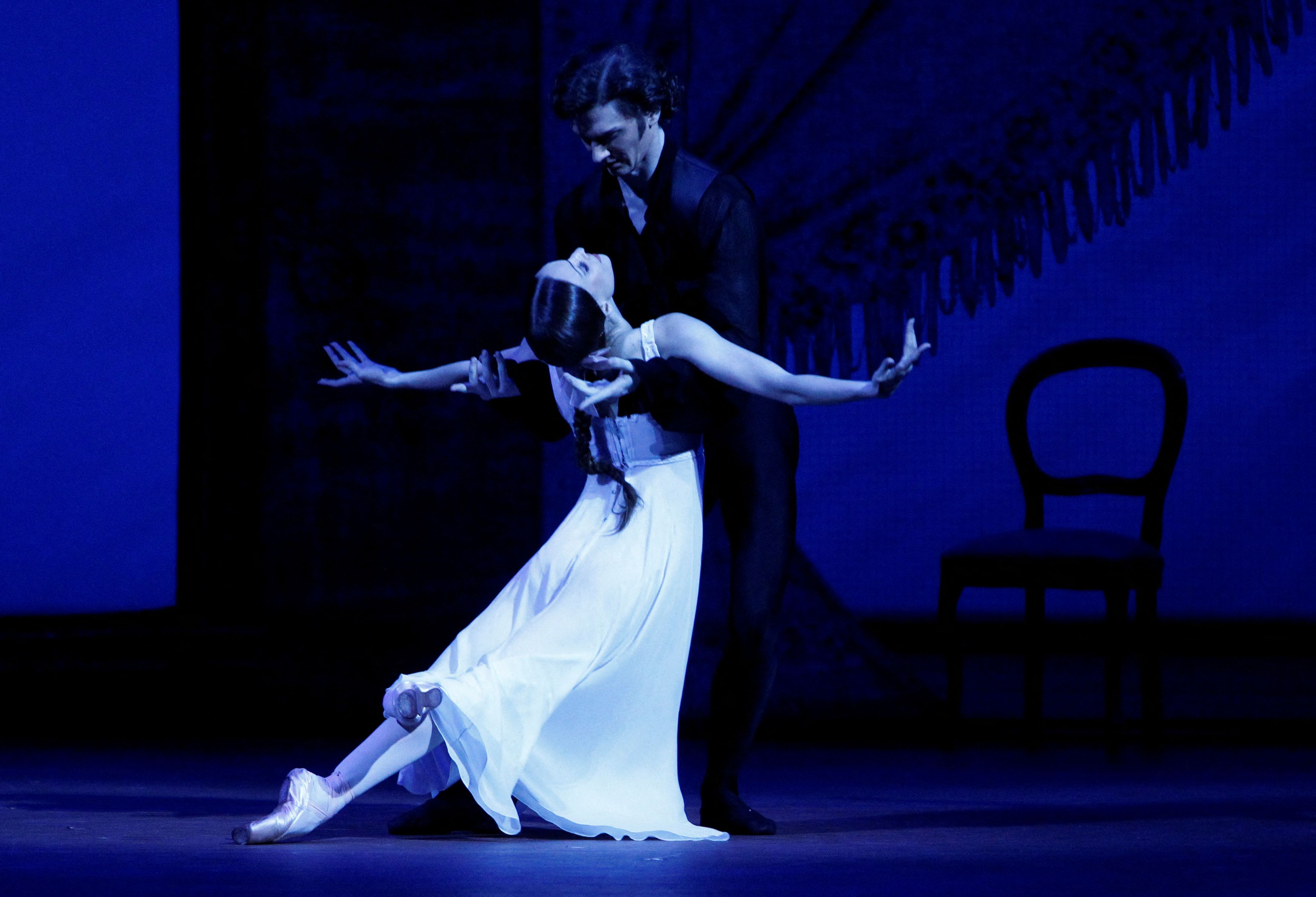 Dancers Olga Smirnova in the role of Tatyana and Vladislav Lantratov in the role of Onegin perform during a media preview of the ballet 
