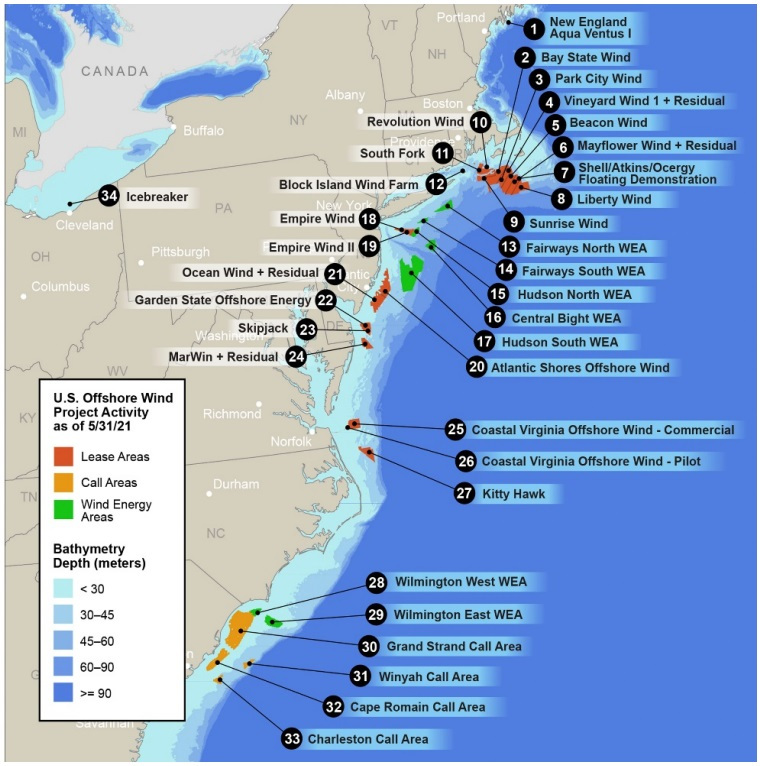 U.S. East Coast offshore wind development, lease areas