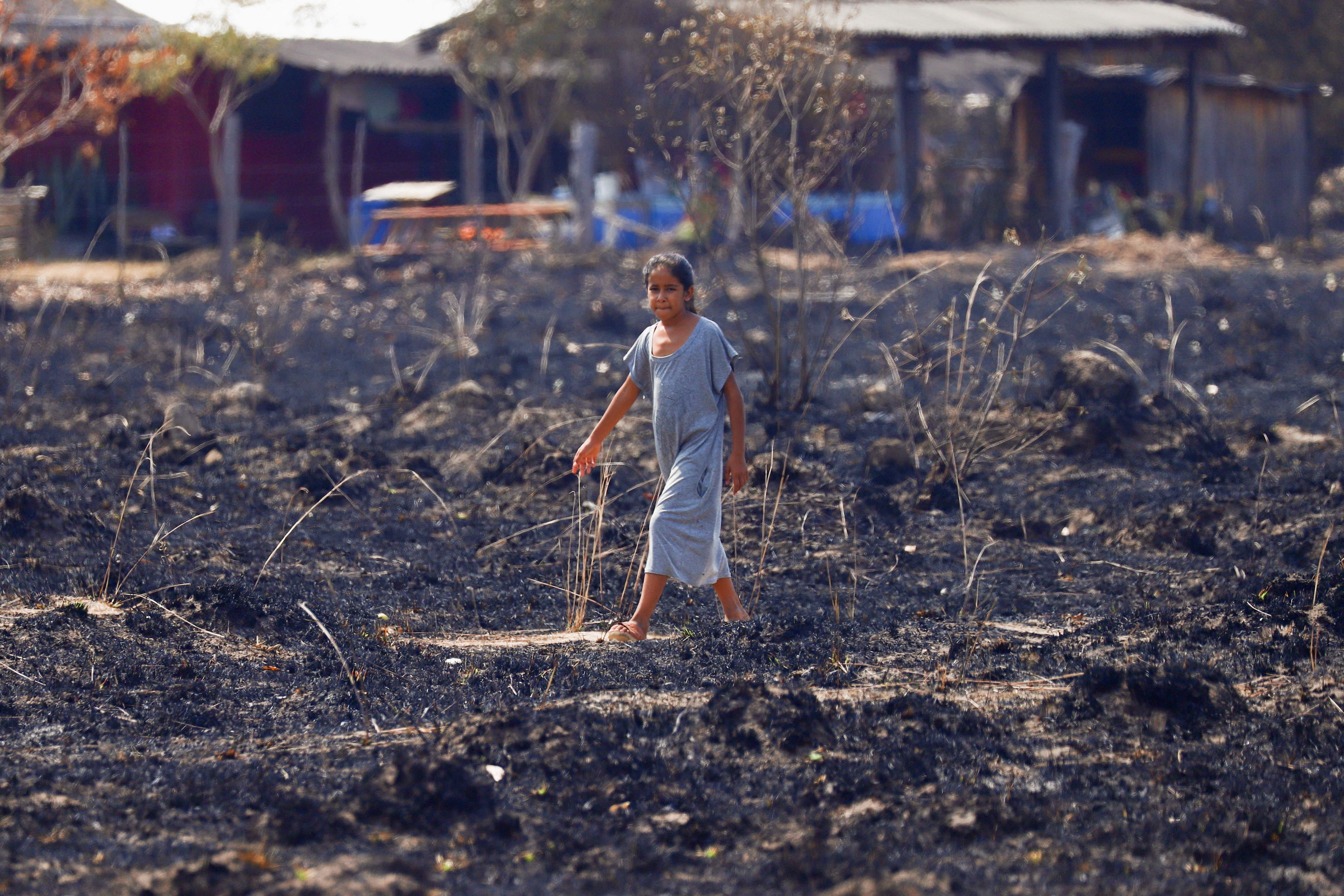 A girl walks through a pasture burnt by a wildfire, in a region hit by drought and high temperatures, near Santo Tome, province of Corrientes, Argentina February 21, 2022. REUTERS/Matias Baglietto