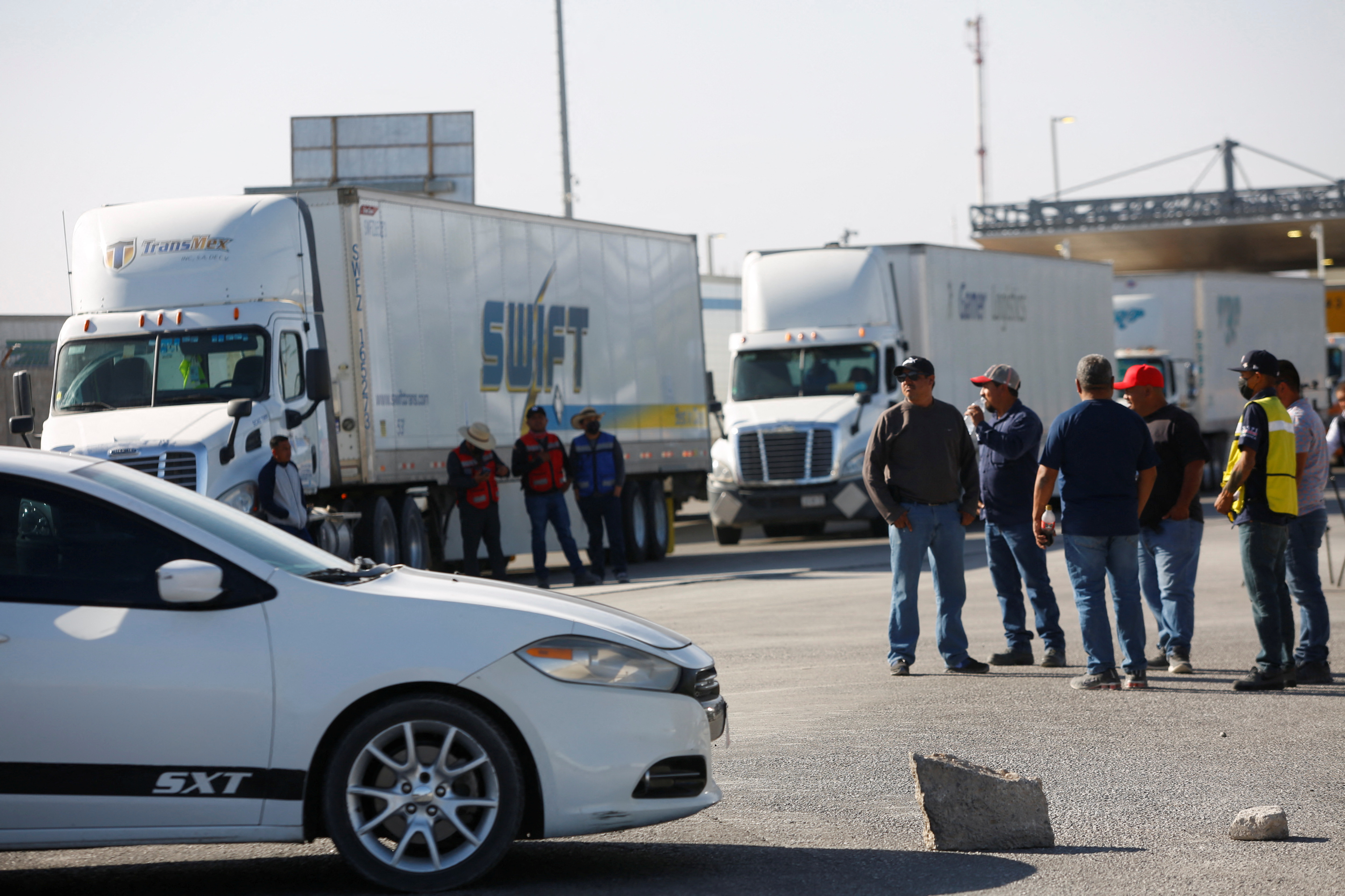 Mexican truck drivers protest truck inspections imposed by Texas Governor Greg Abbott, in Ciudad Juarez
