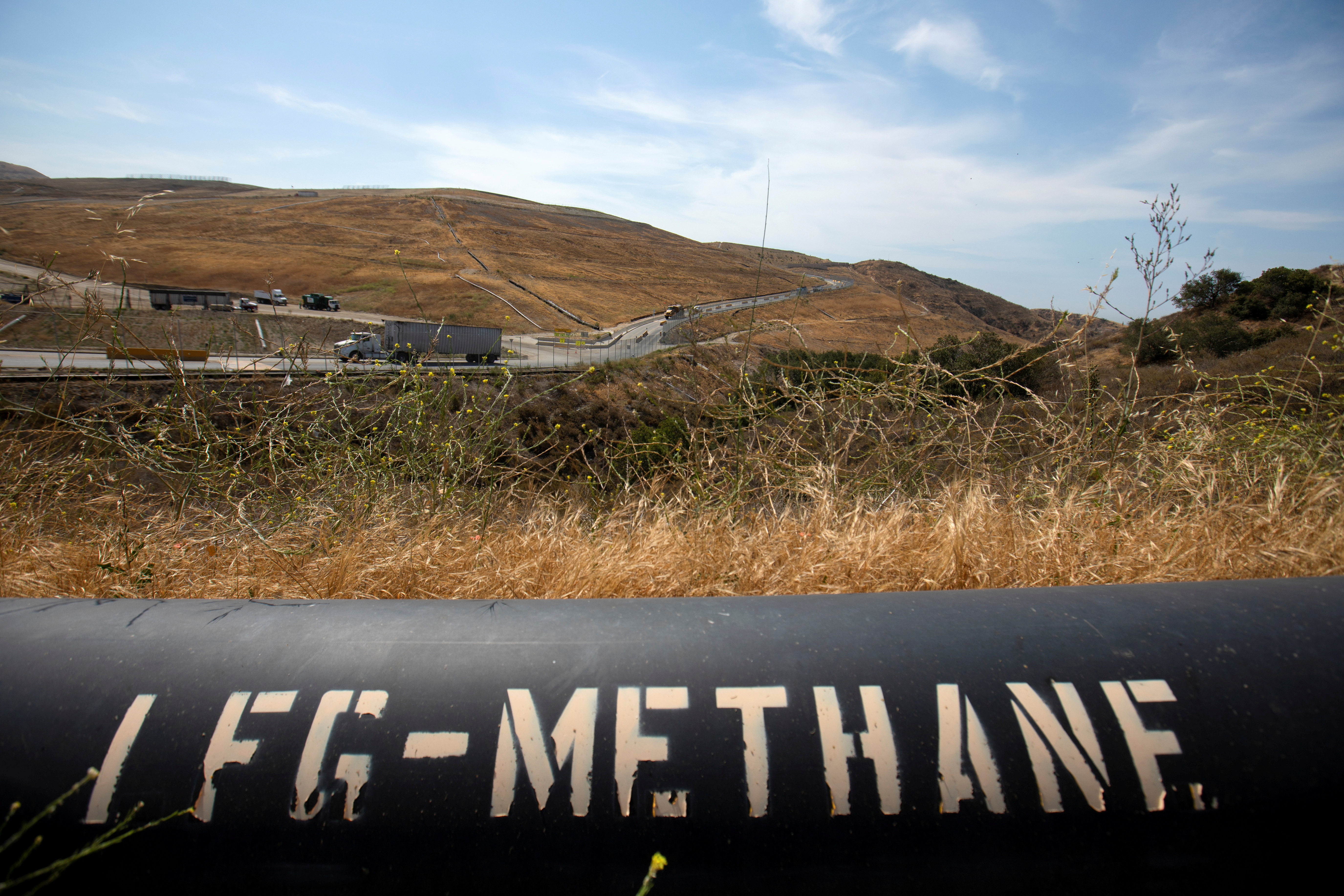 A pipeline that moves methane gas from the Frank R. Bowerman landfill to an onsite power plant is shown in Irvine, California