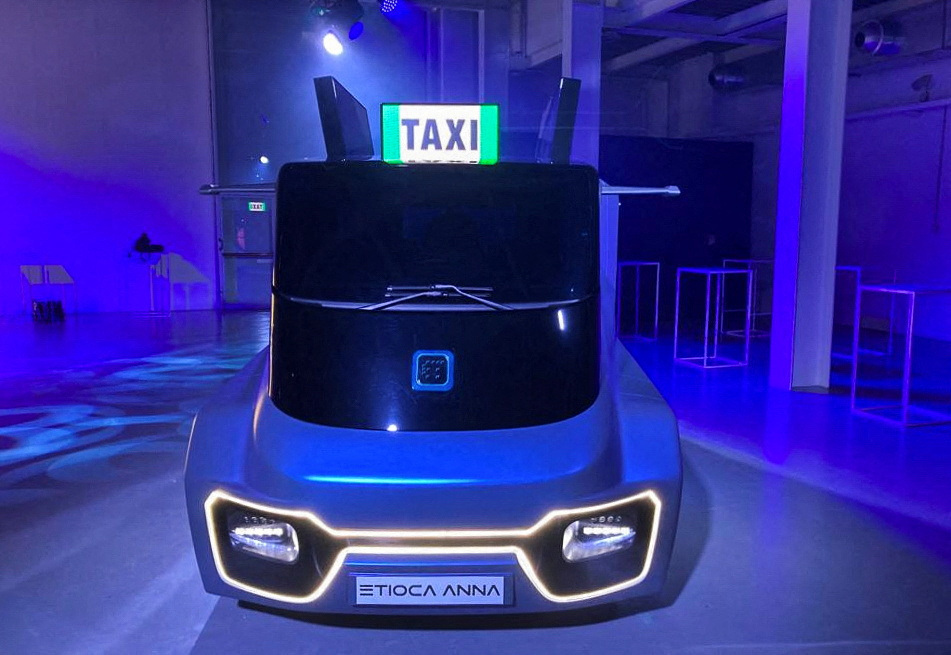 Shared mobility start-up Etioca unveiled a prototype of its fully-electric taxi with seats for seven passengers and a driver in Milan
