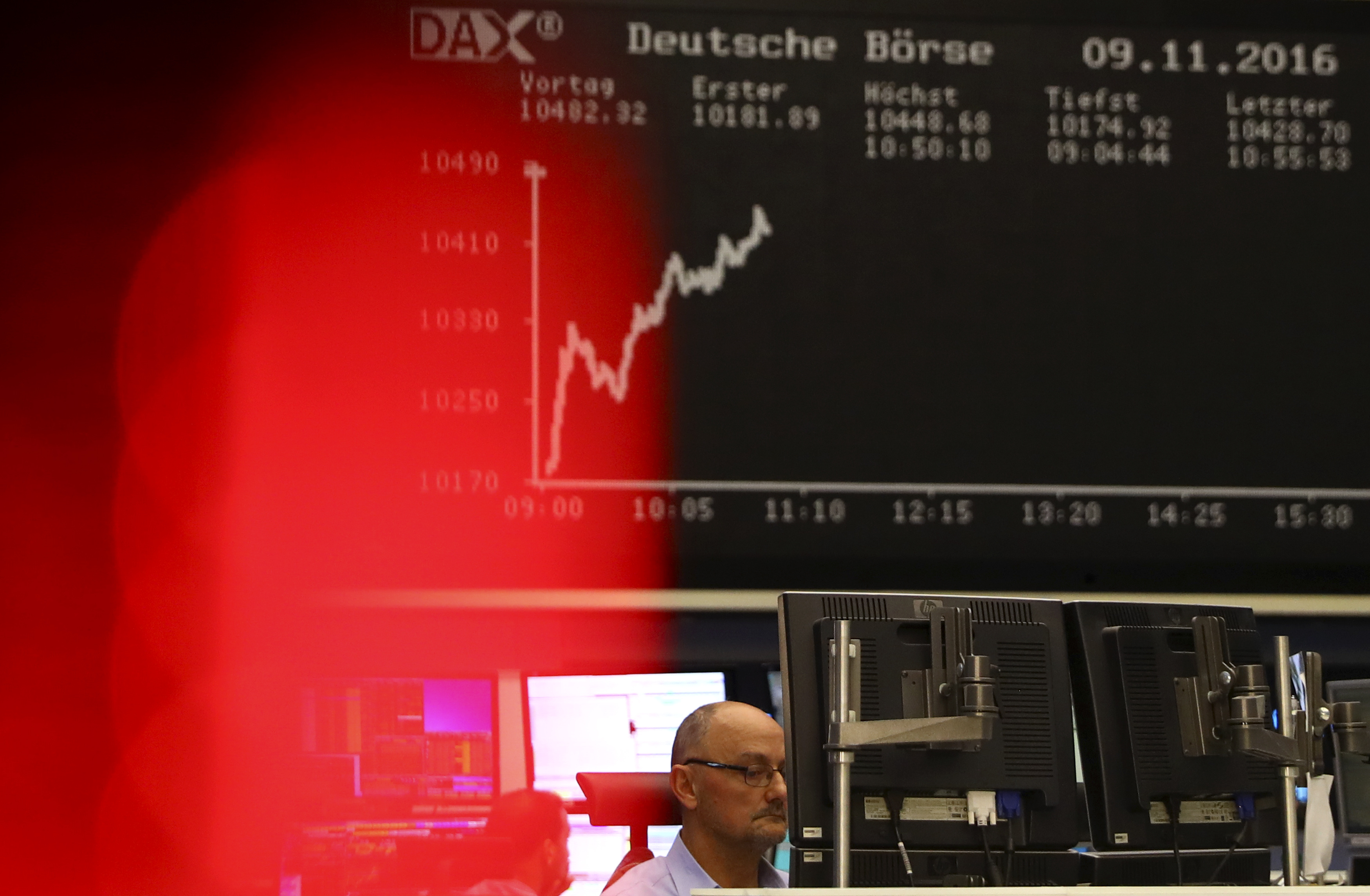 A trader at the Frankfurt stock exchange reacts in Frankfurt