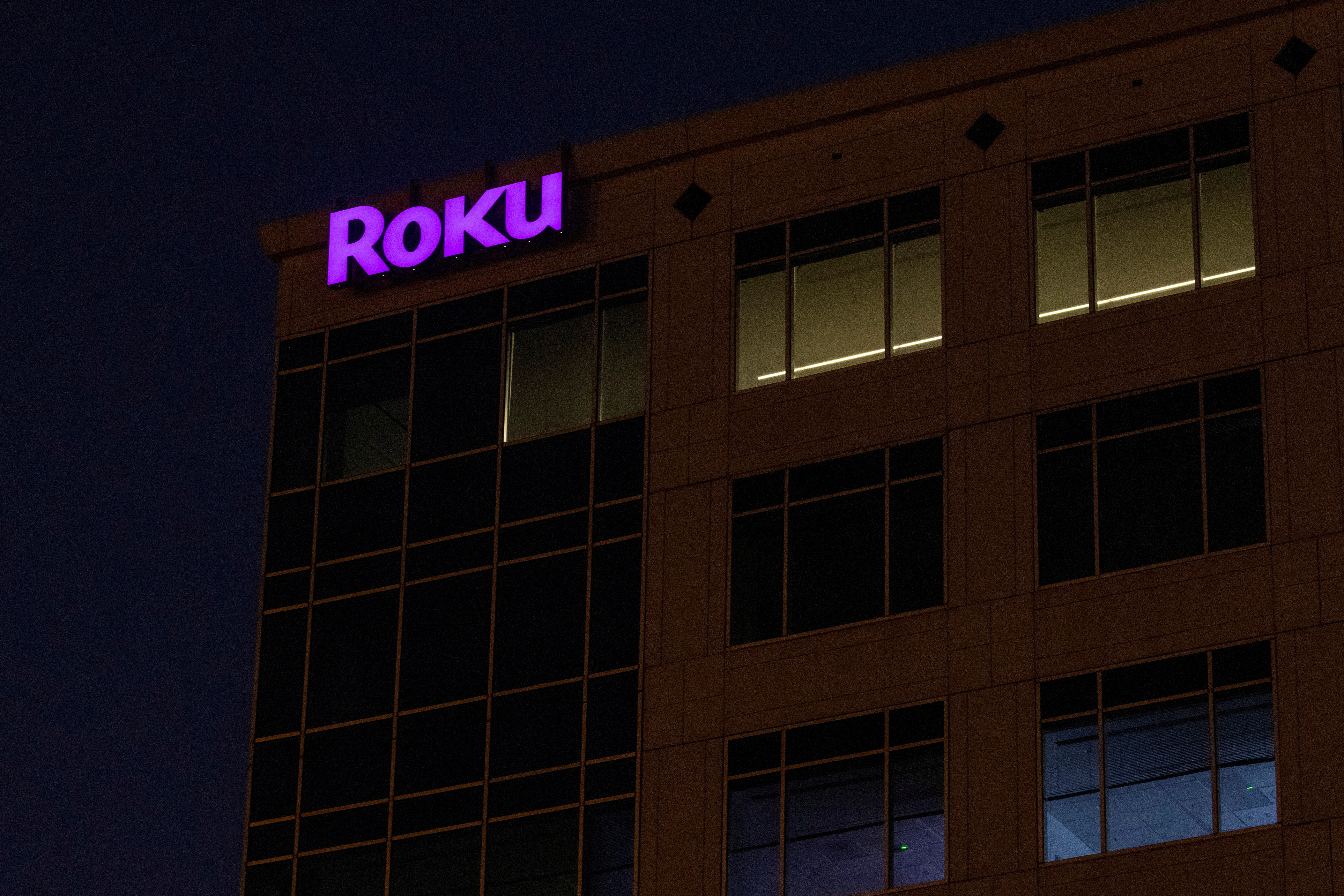 The Roku company logo is displayed on a building in Austin, Texas
