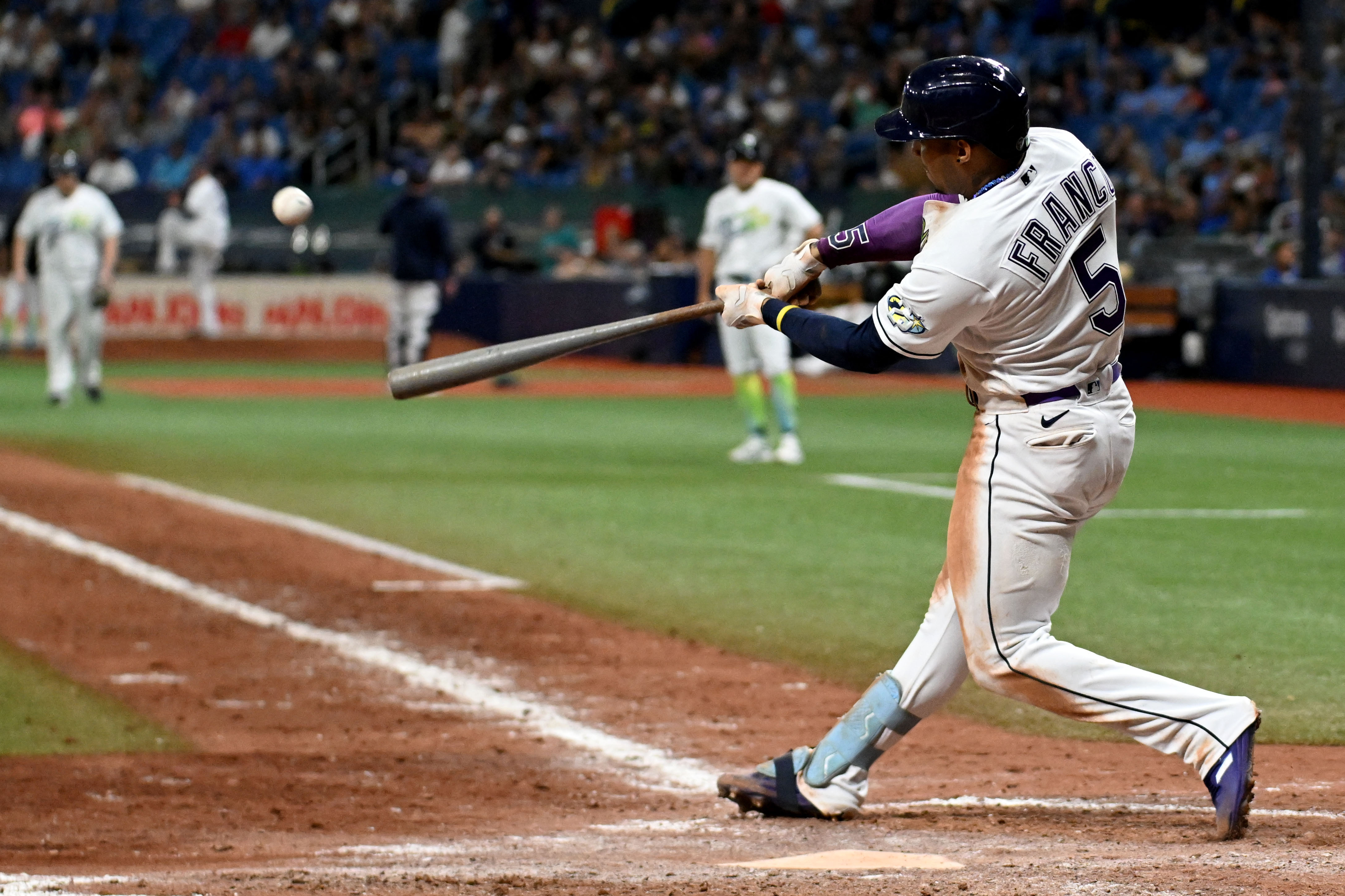 Wander Franco of the Tampa Bay Rays celebrates his home run with