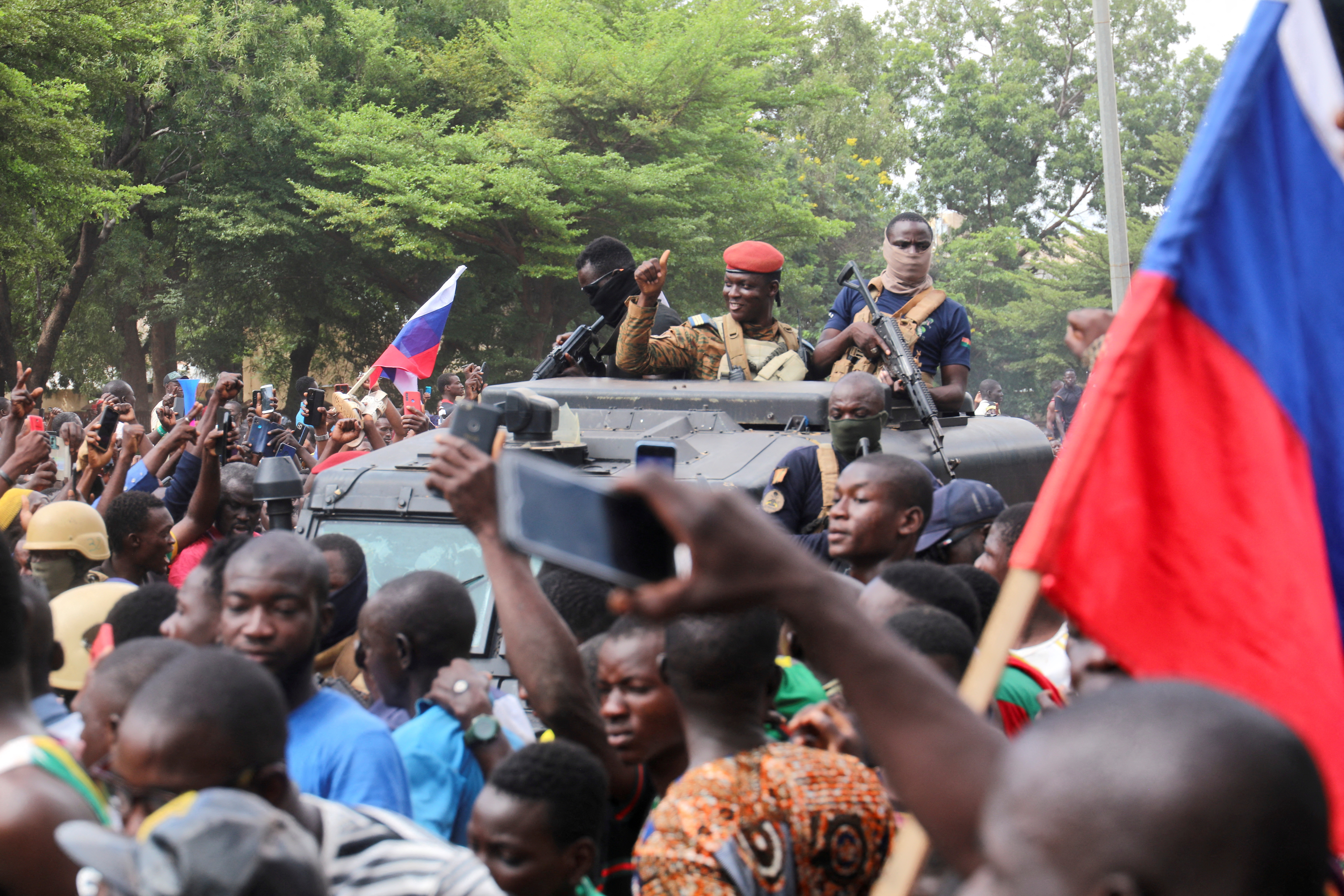 Burkina Faso's self-declared new leader Ibrahim Traore arrives at the national television in Ouagadougou