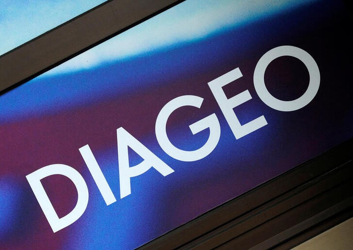 A sign is seen at the headquarters of Diageo in London