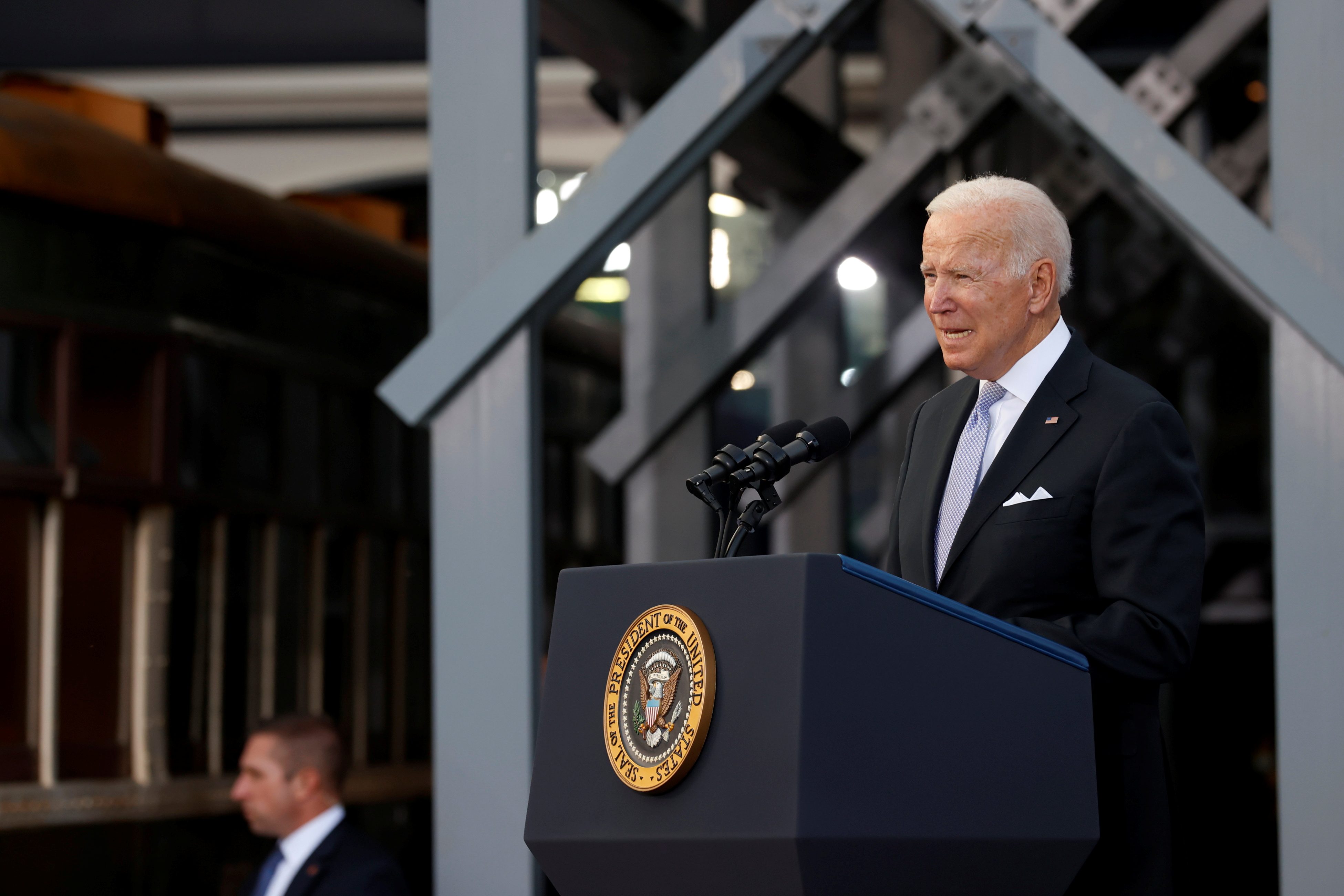 U.S. President Joe Biden delivers remarks on infrastructure legislation at the Electric City Trolley Museum in Scranton, Pennsylvania, U.S. October 20, 2021. REUTERS/Jonathan Ernst