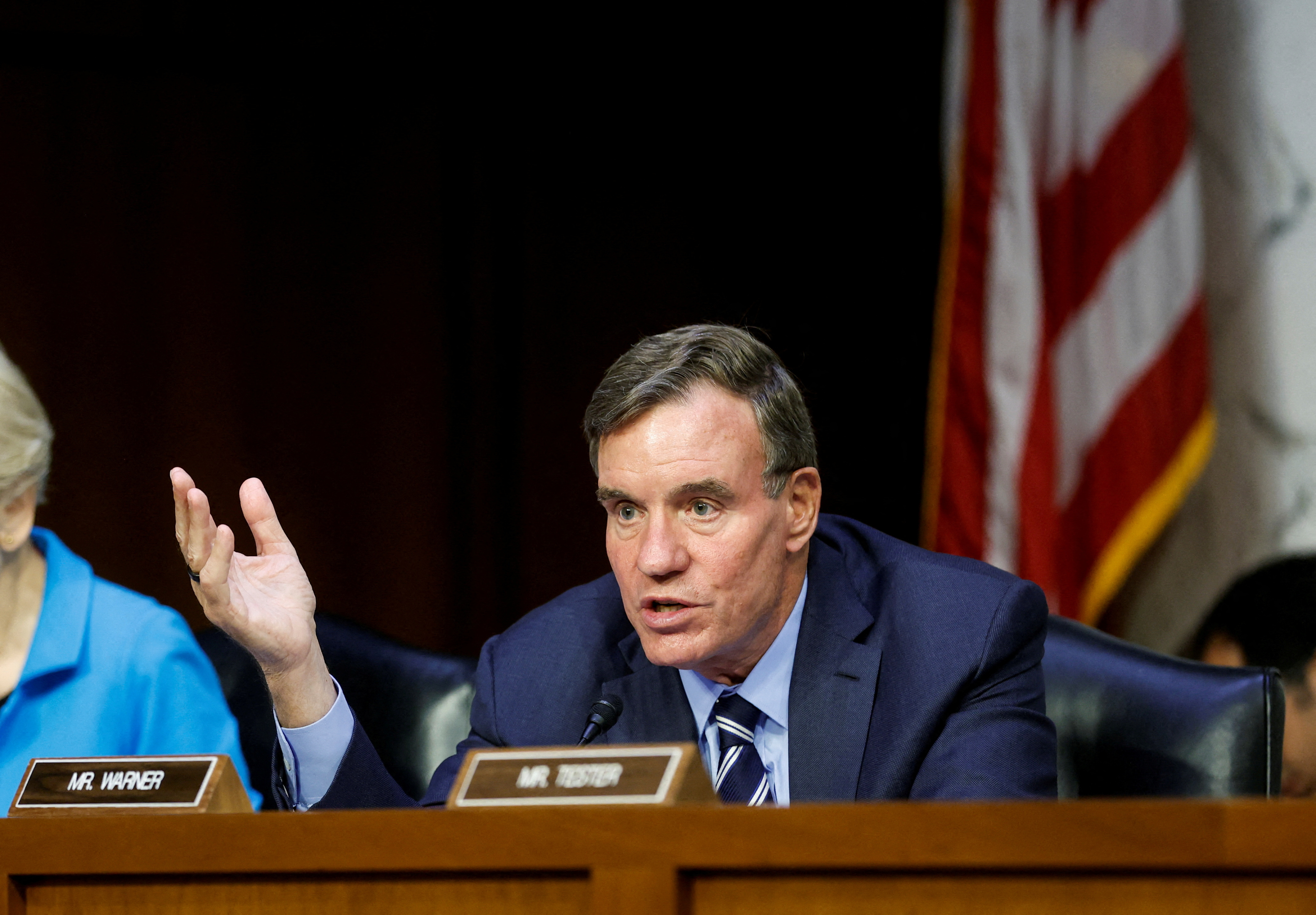 US Senator Mark Warner is shown at a hearing in Washington