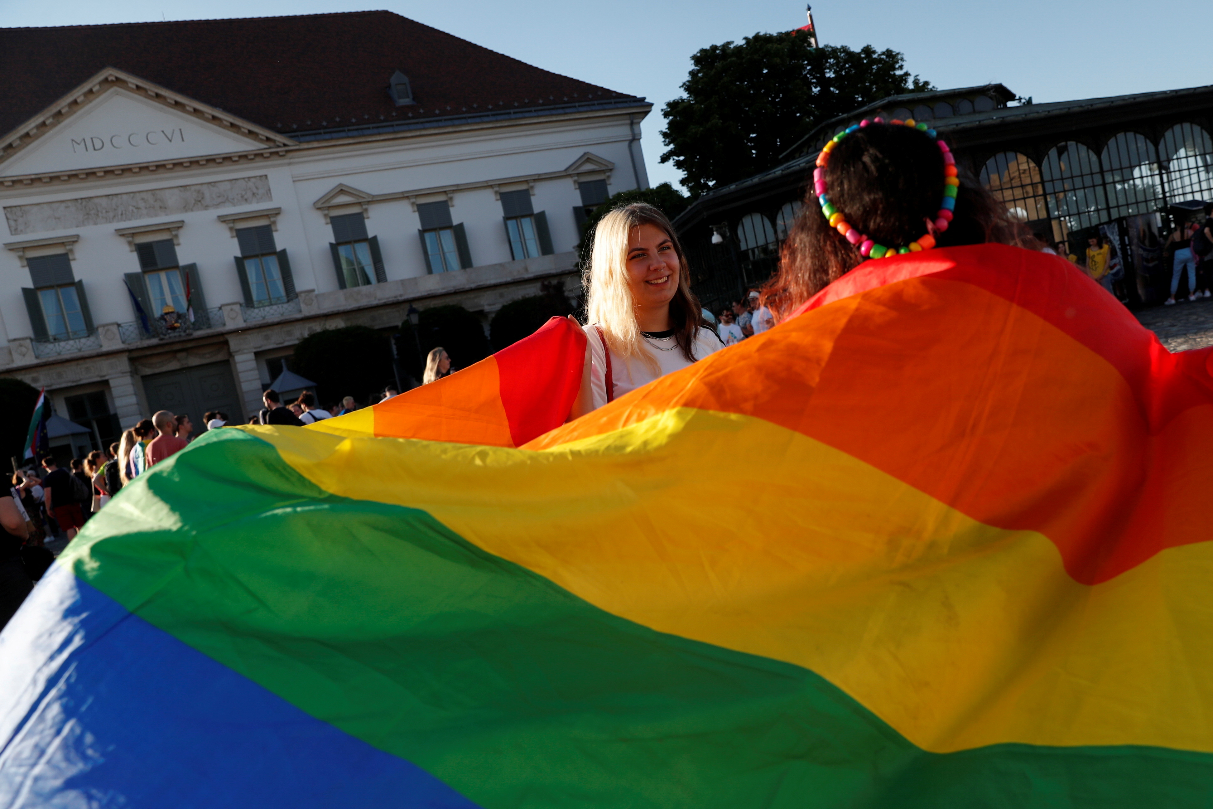 Demonstrators protest against law that bans LGBTQ content in schools and media, in Budapest