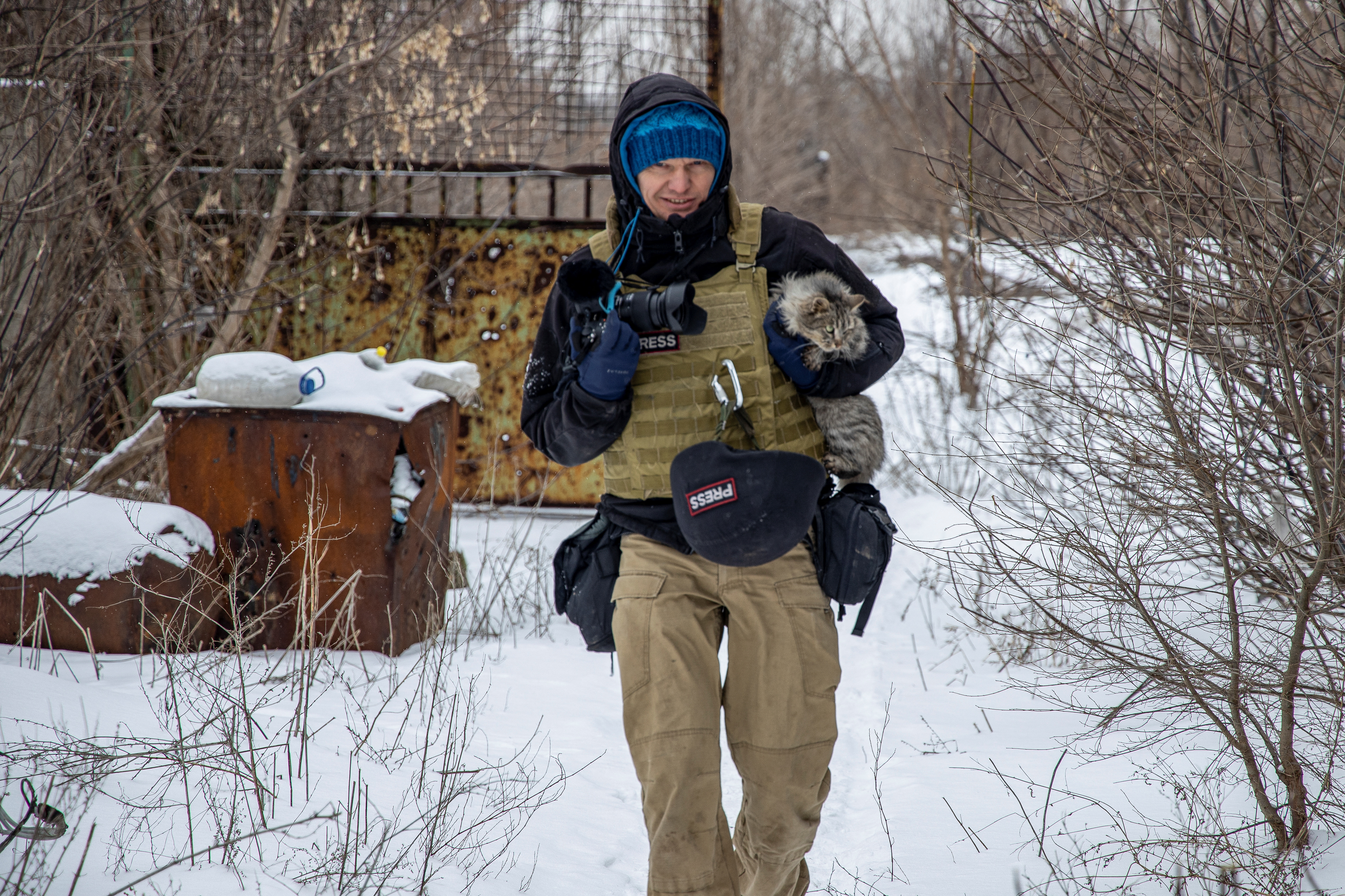 Ukrainian photographer Maksim Levin near the line of separation from Russian-backed separatists in Donetsk region