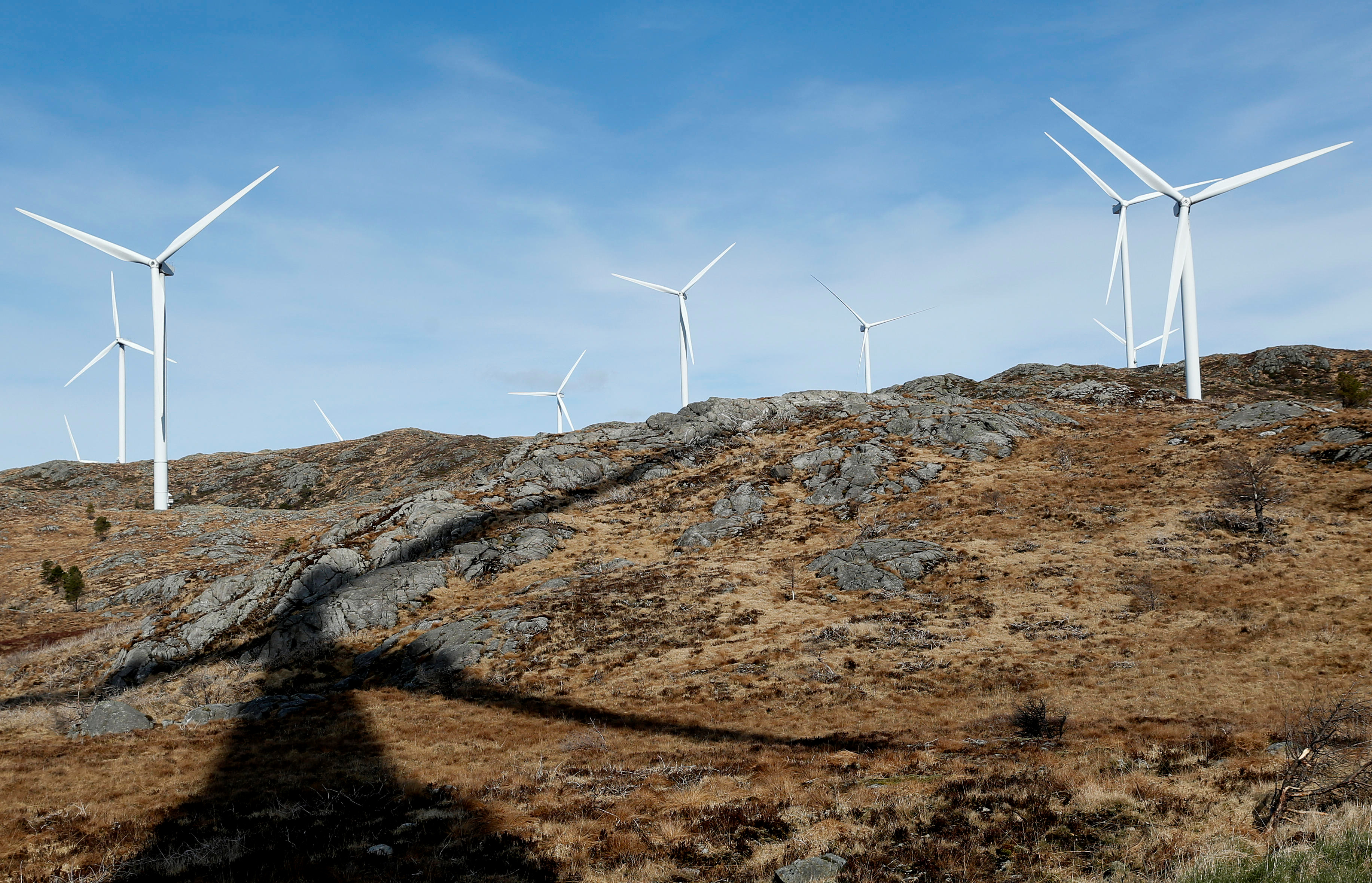 Wind turbines are pictured in Midtfjellet wind farm in Fitjar