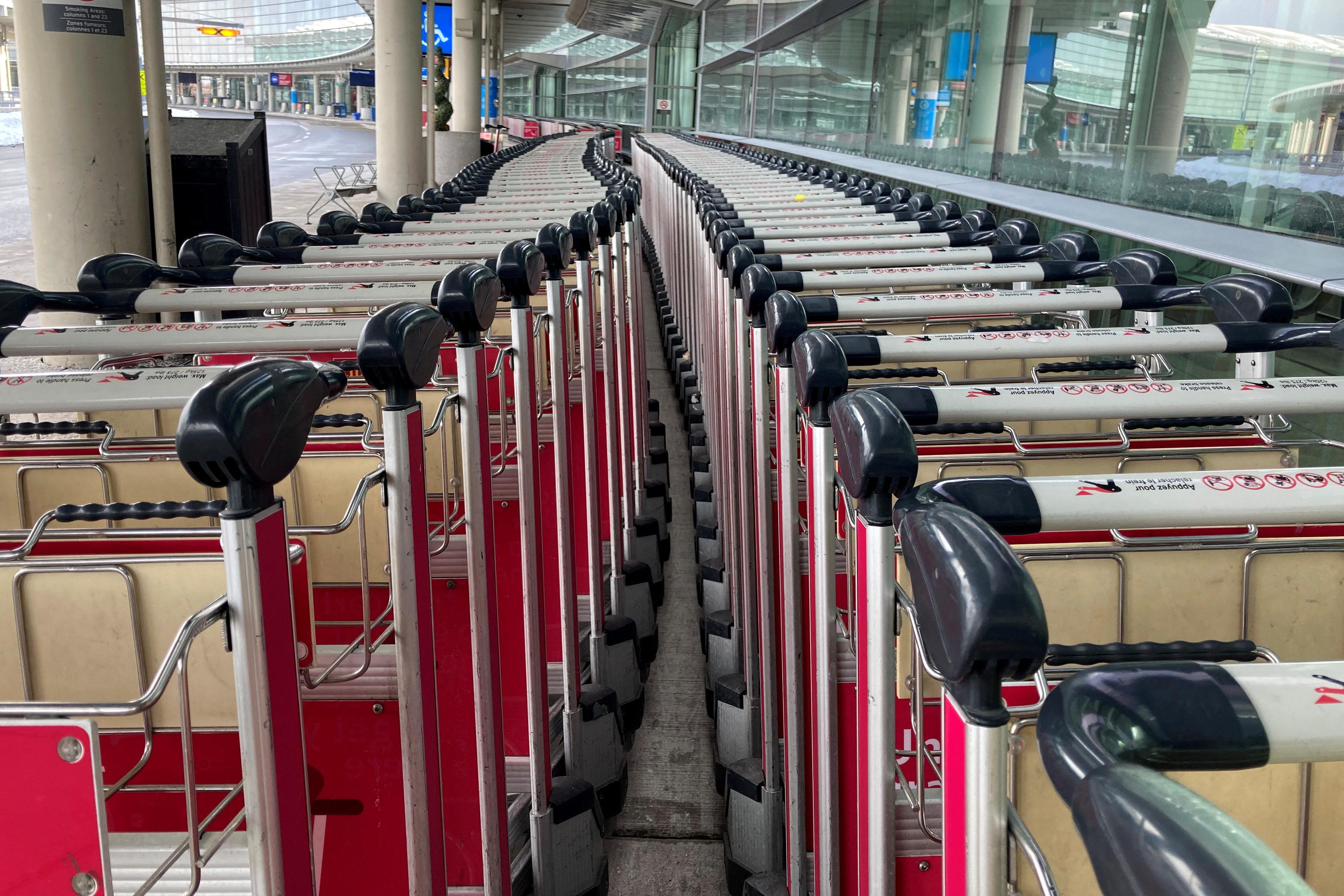 Baggage carts await travellers at Toronto Pearson International Airport in Mississauga, Ontario, Canada February 20, 2021.  REUTERS/Kyaw Soe Oo