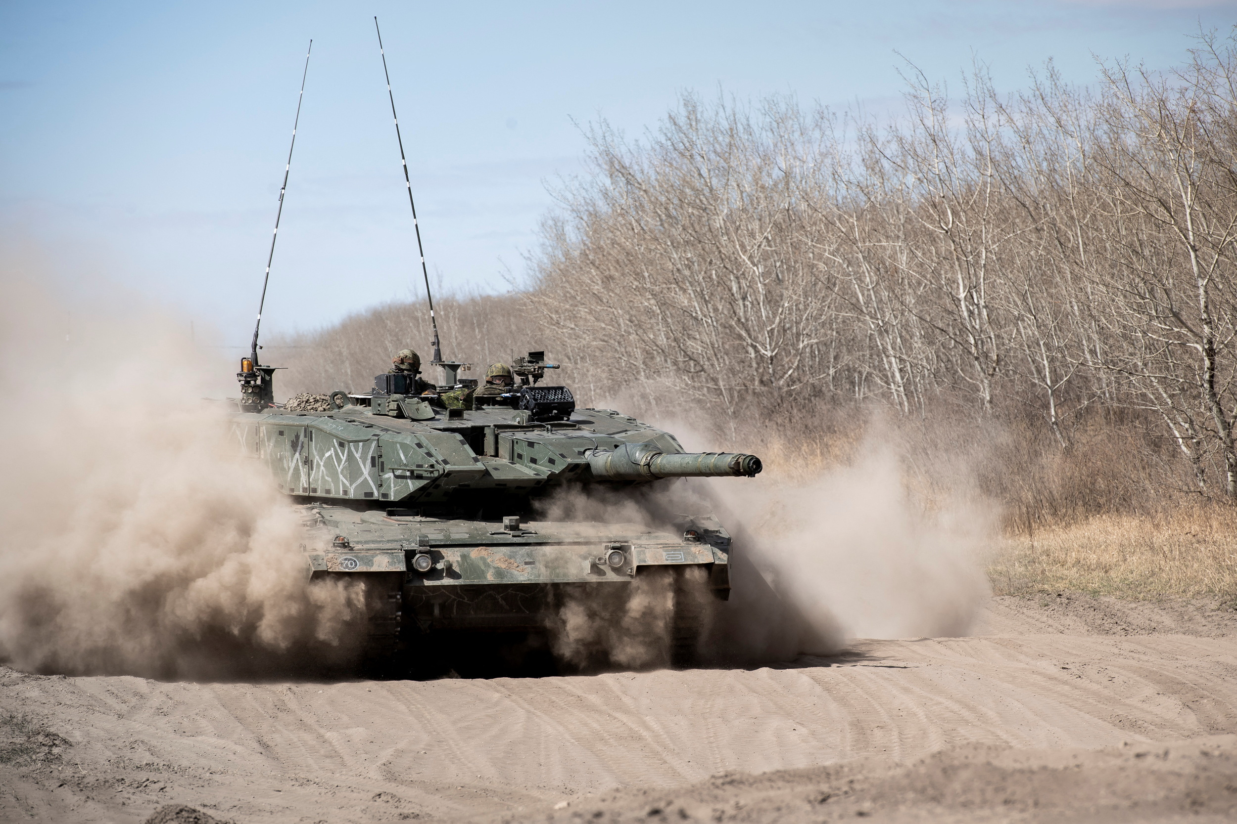 Leopard tank from Lord Strathcona's Horse (Royal Canadians) is taken out after undergoing maintenance in preparation for Exercise MAPLE RESOLVE at 3rd Canadian Division Support Base Detachment Wainwright