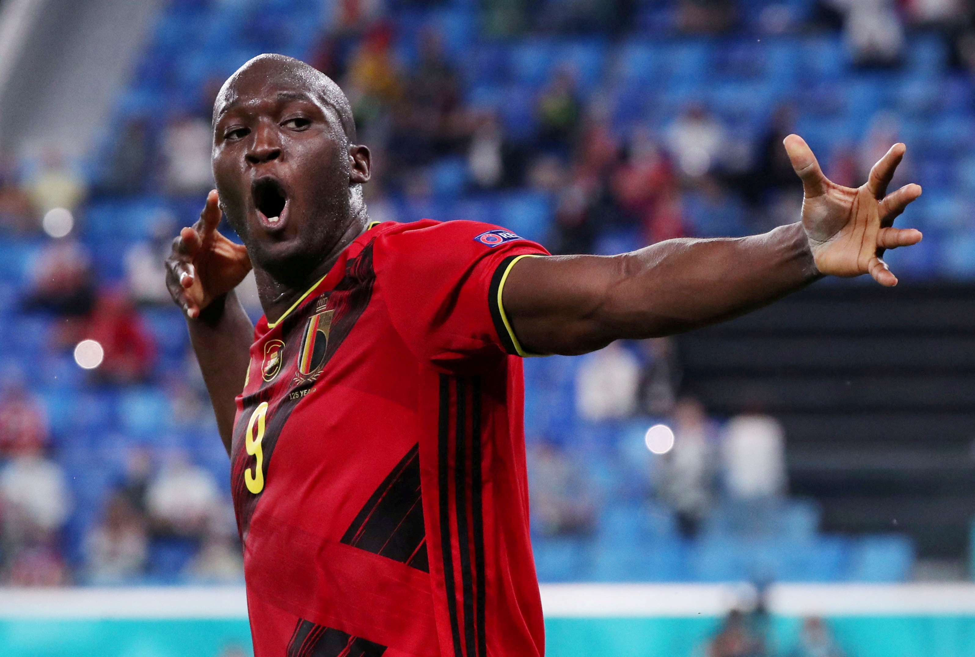 Romelu Lukaku celebrates scoring for Belgium.