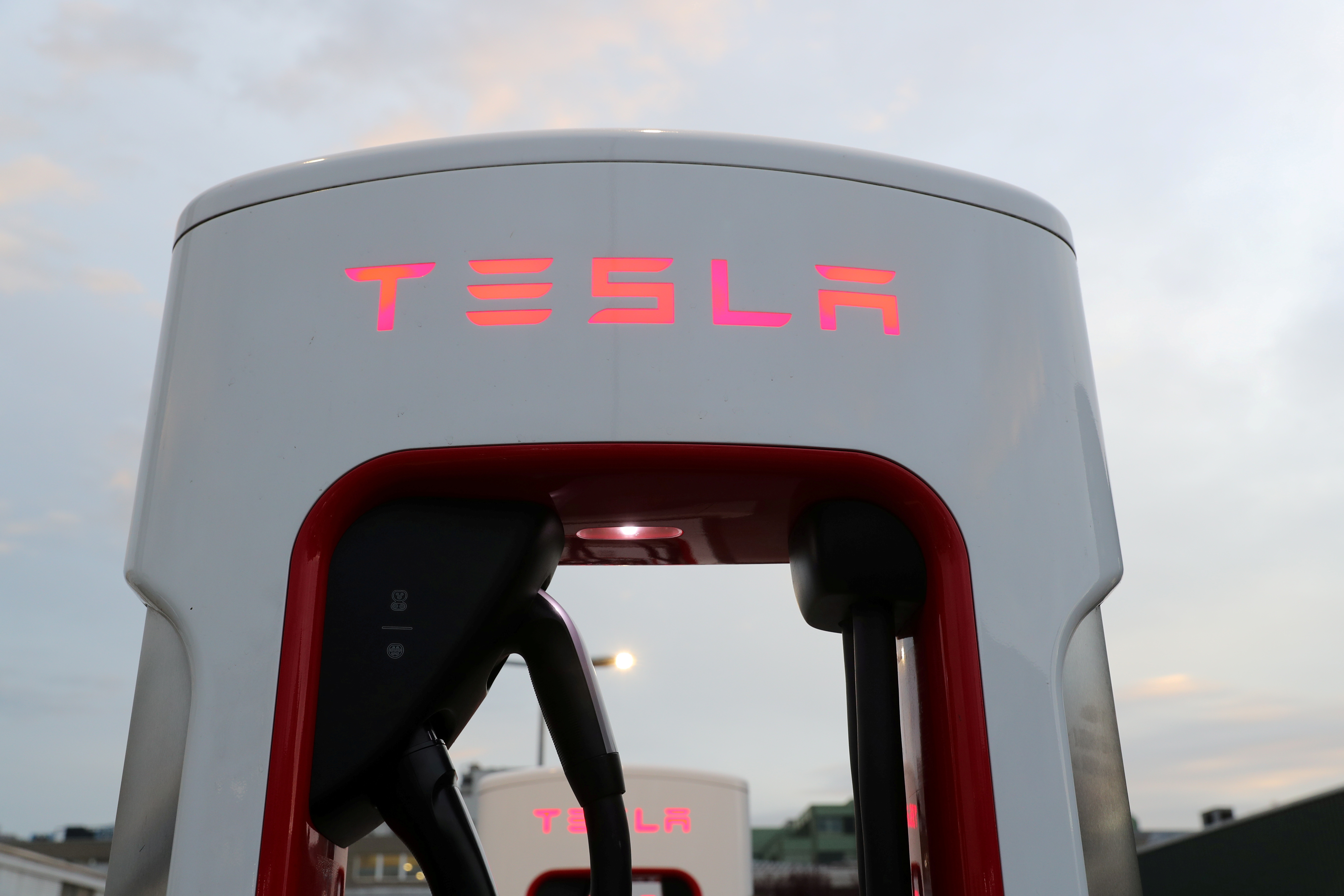 A Tesla Supercharger station is seen in Dietikon
