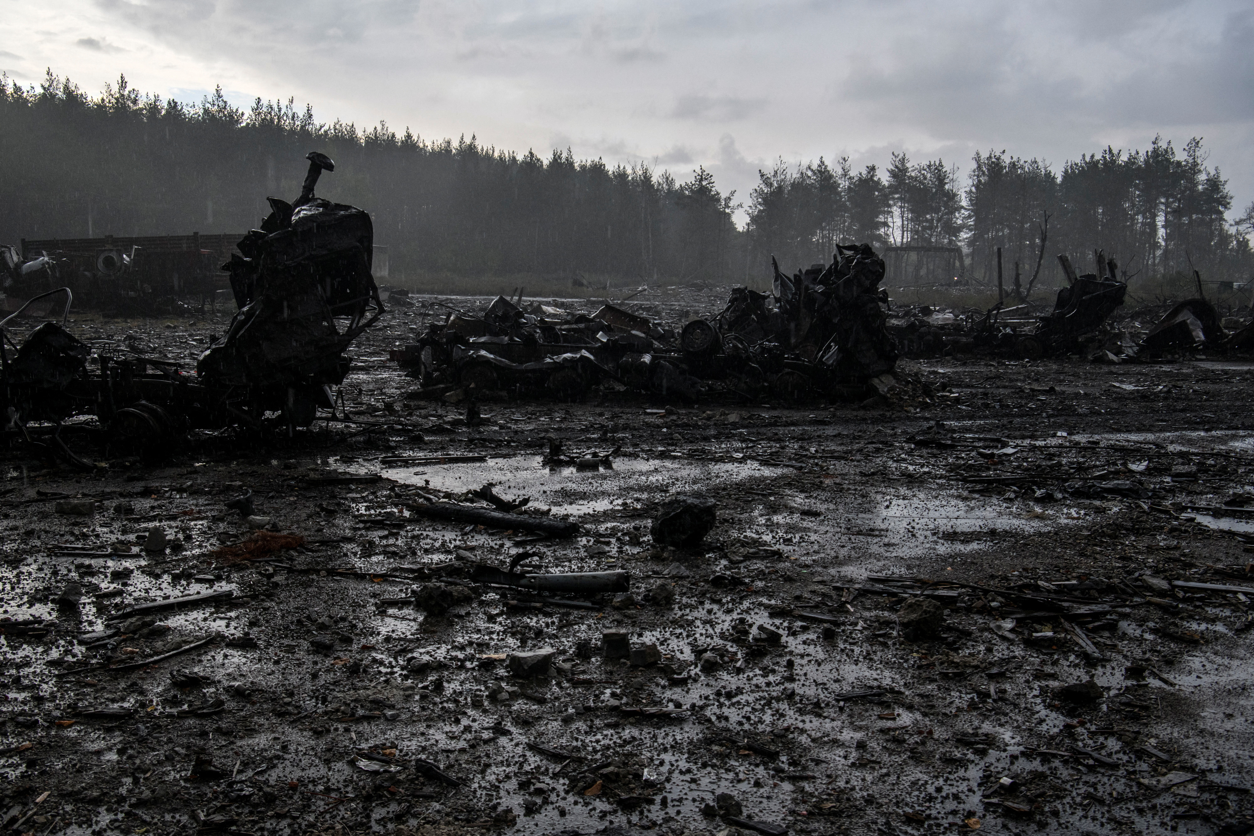 The wreckages of Russian fighting vehicles destroyed by the Ukrainian Armed Forces are seen near the town of Izium