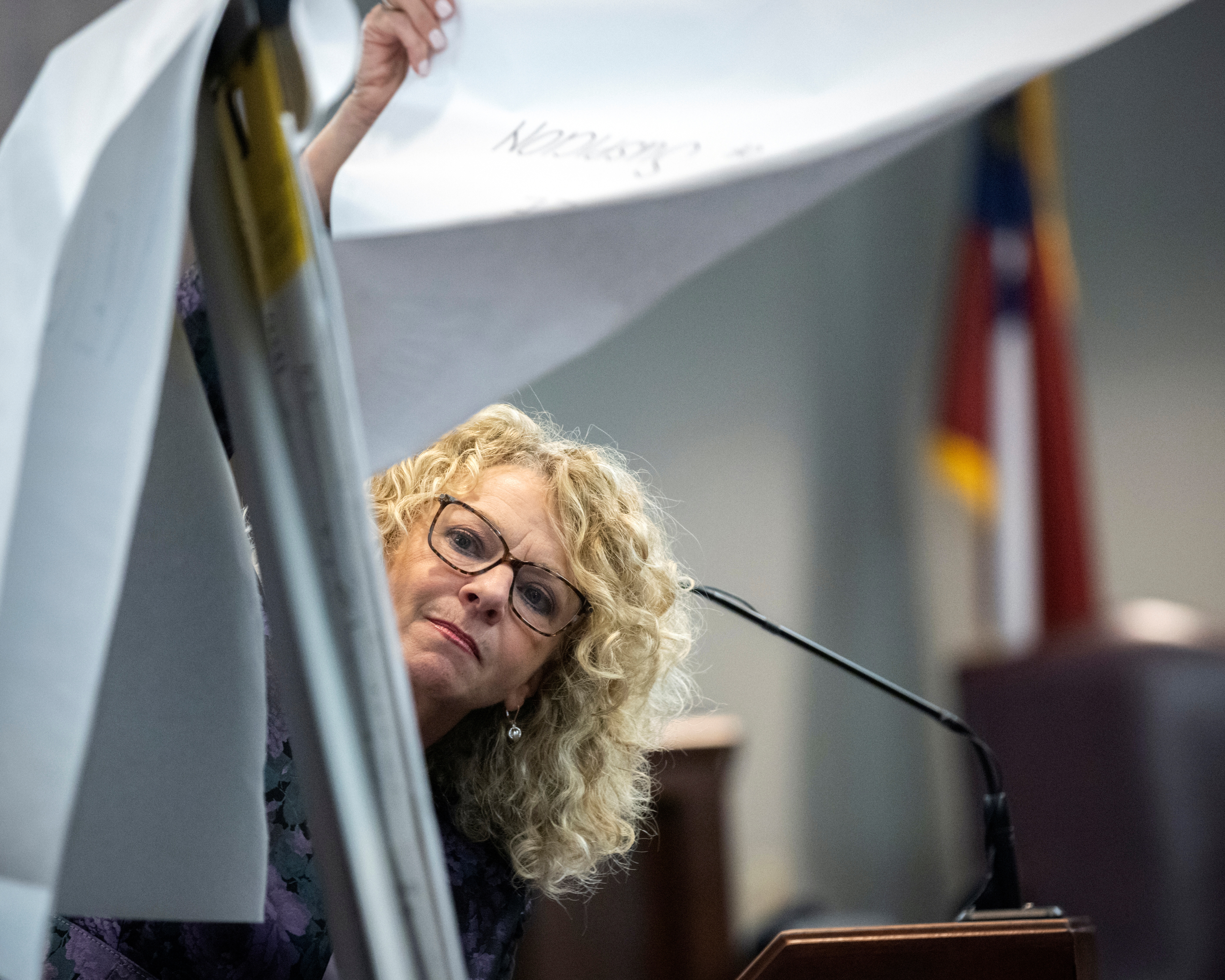 Greg McMichael's defense attorney Laura Hogue presents a closing argument to the jury during the trial of Travis McMichael, his father, Gregory McMichael, and William "Roddie" Bryan, at the Glynn County Courthouse, in Brunswick, Georgia, U.S., November 22, 2021. Stephen B. Morton/Pool via REUTERS