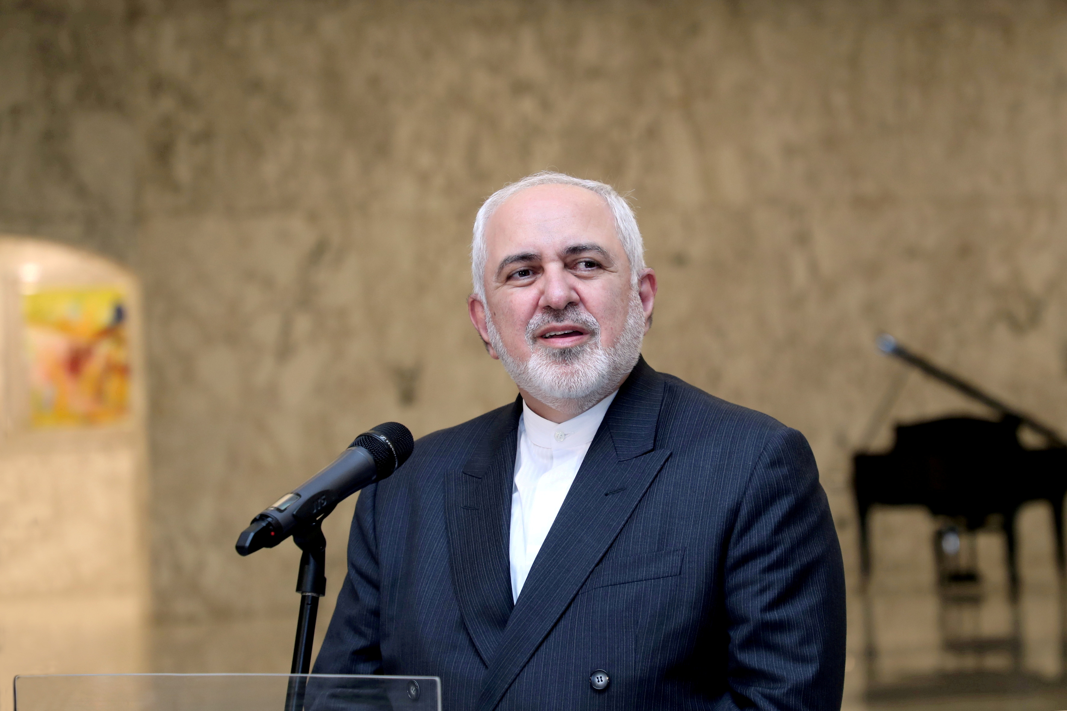 Iran's Foreign Minister Mohammad Javad Zarif speaks at the presidential palace in Baabda