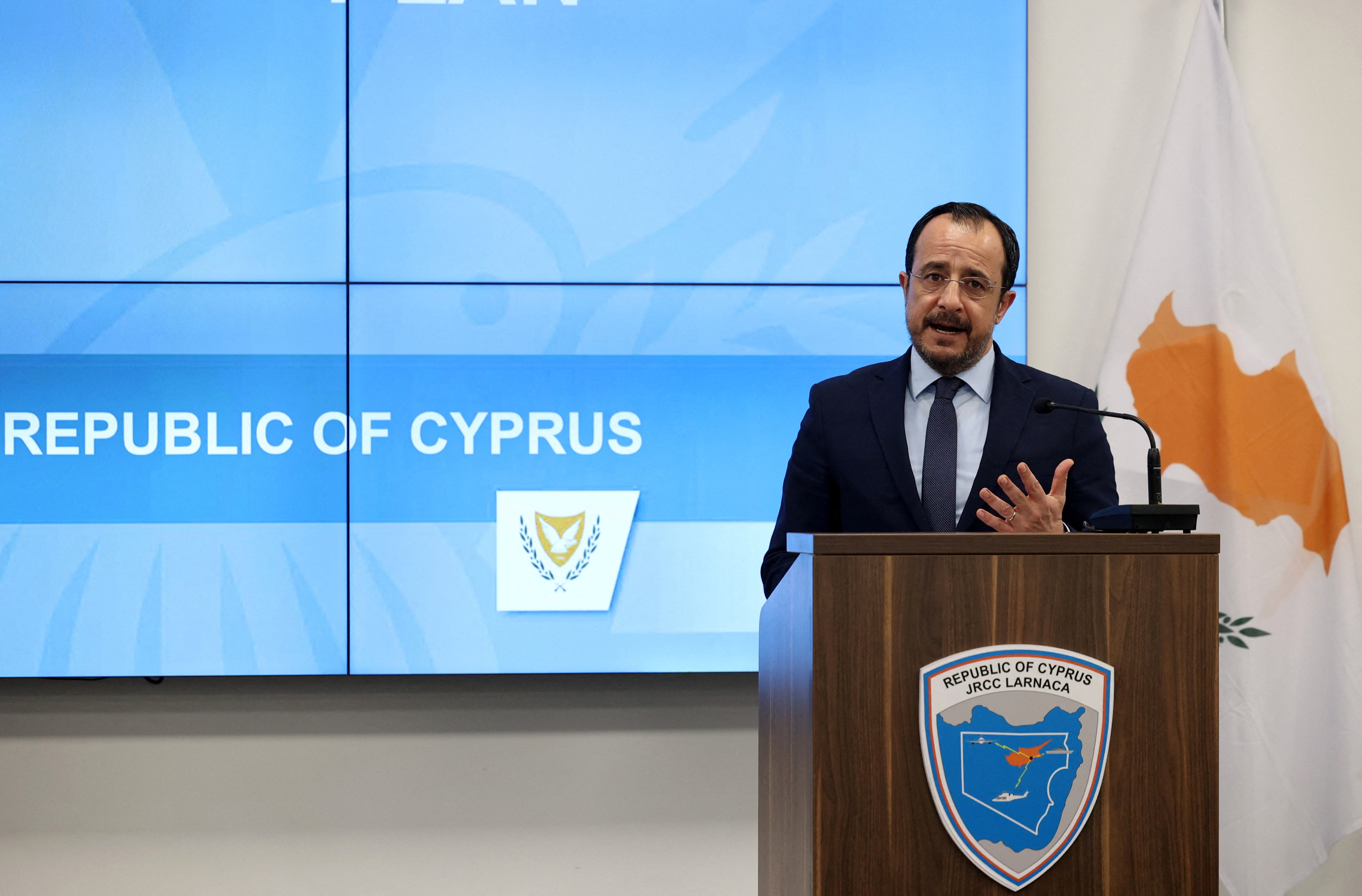 Cyprus President Nikos Christodoulides speaks during a press conference with European Parliament President Roberta Metsola at the Zenon Joint Rescue Coordination Center in Larnaca