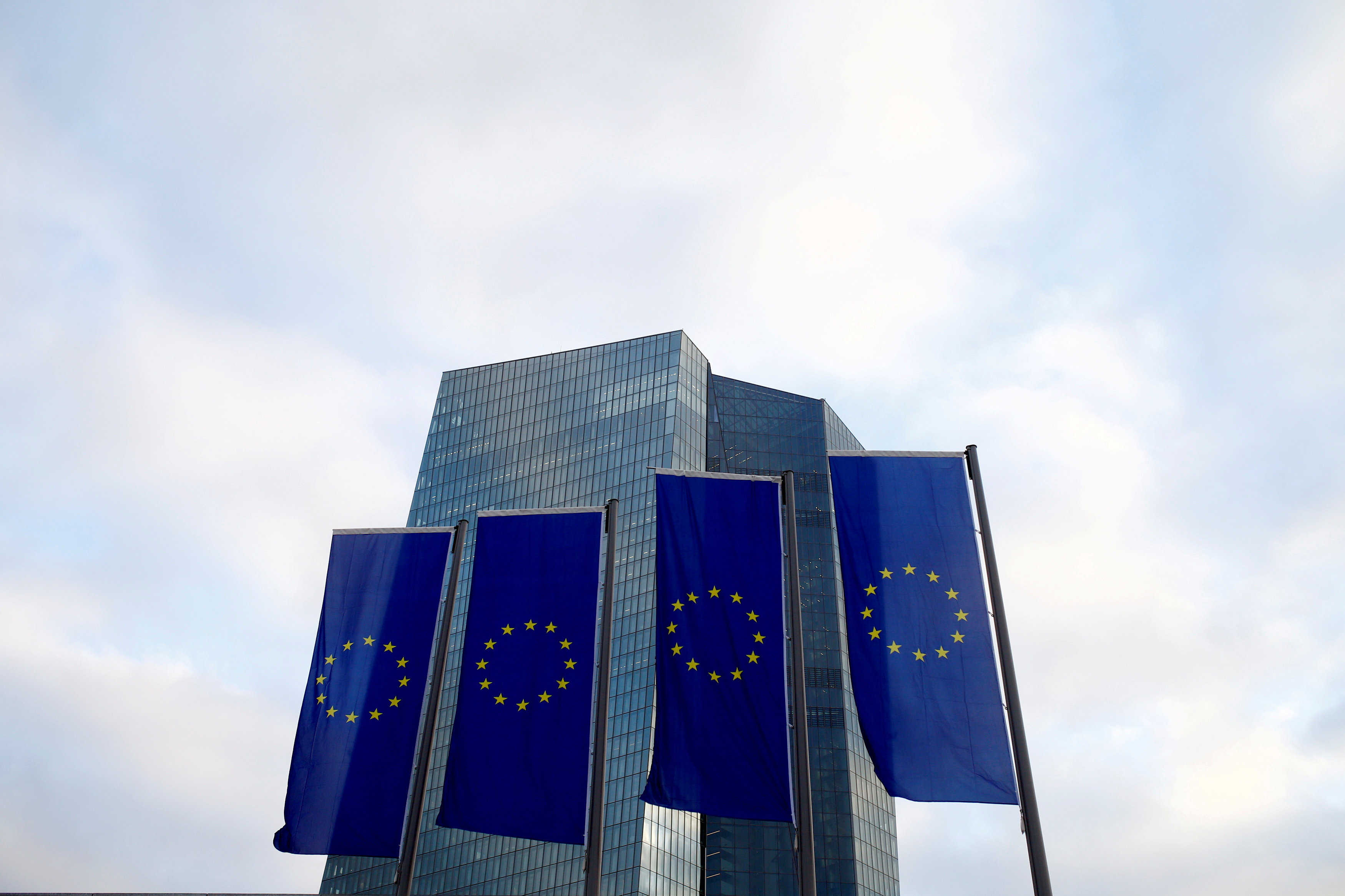EU flags fly in front of European Central Bank headquarters in Frankfurt