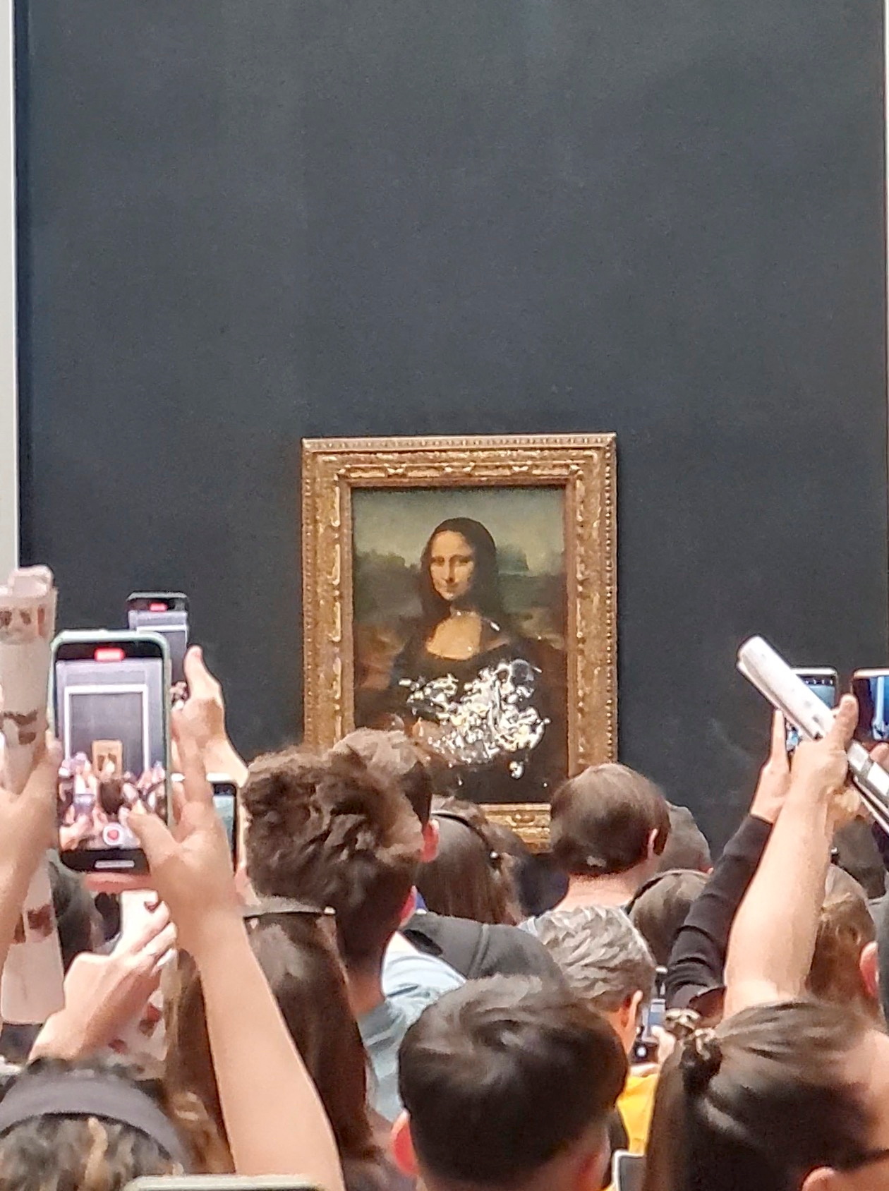Visitors take a pictures and video of the painting "Mona Lisa" after cake was smeared on the protective glass at the Lourve Museum in Paris