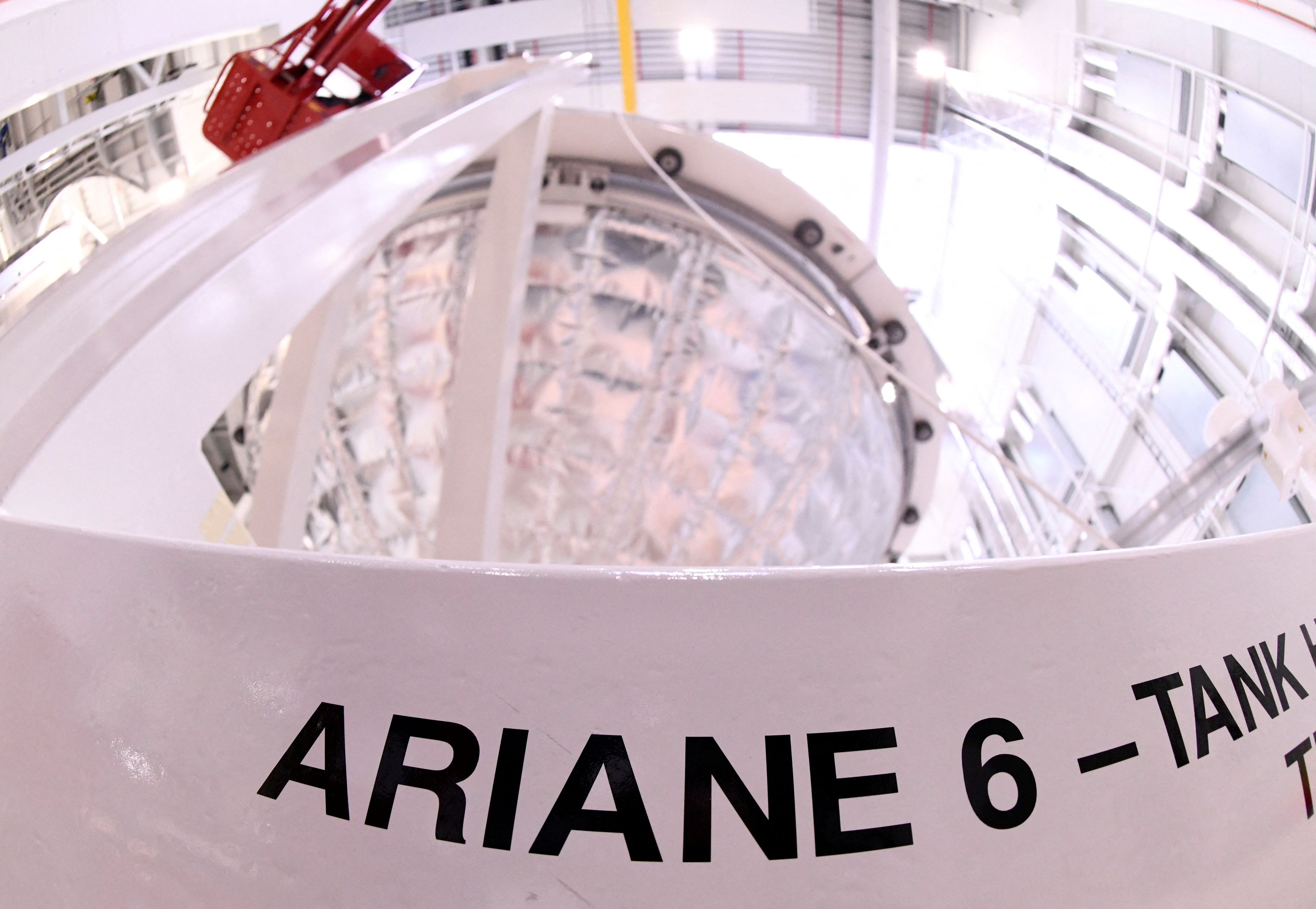 A tank of Ariane 6, Europe's next-generation space rocket, is pictured in a production line of Ariane Group in Bremen