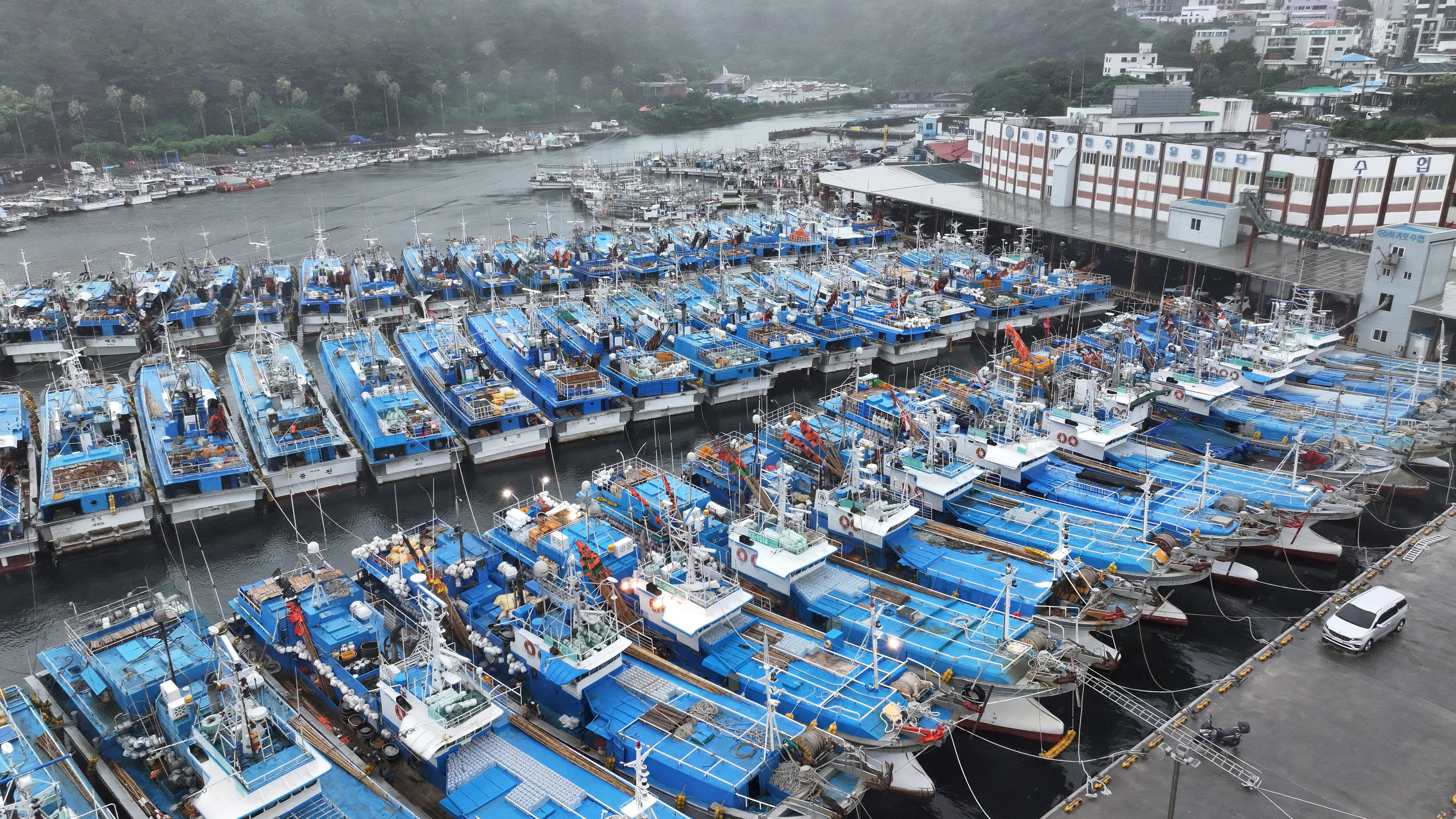 Fishing boats are anchored as they evacuate from typhoon Khanun at a port in Seogwipo on Jeju island