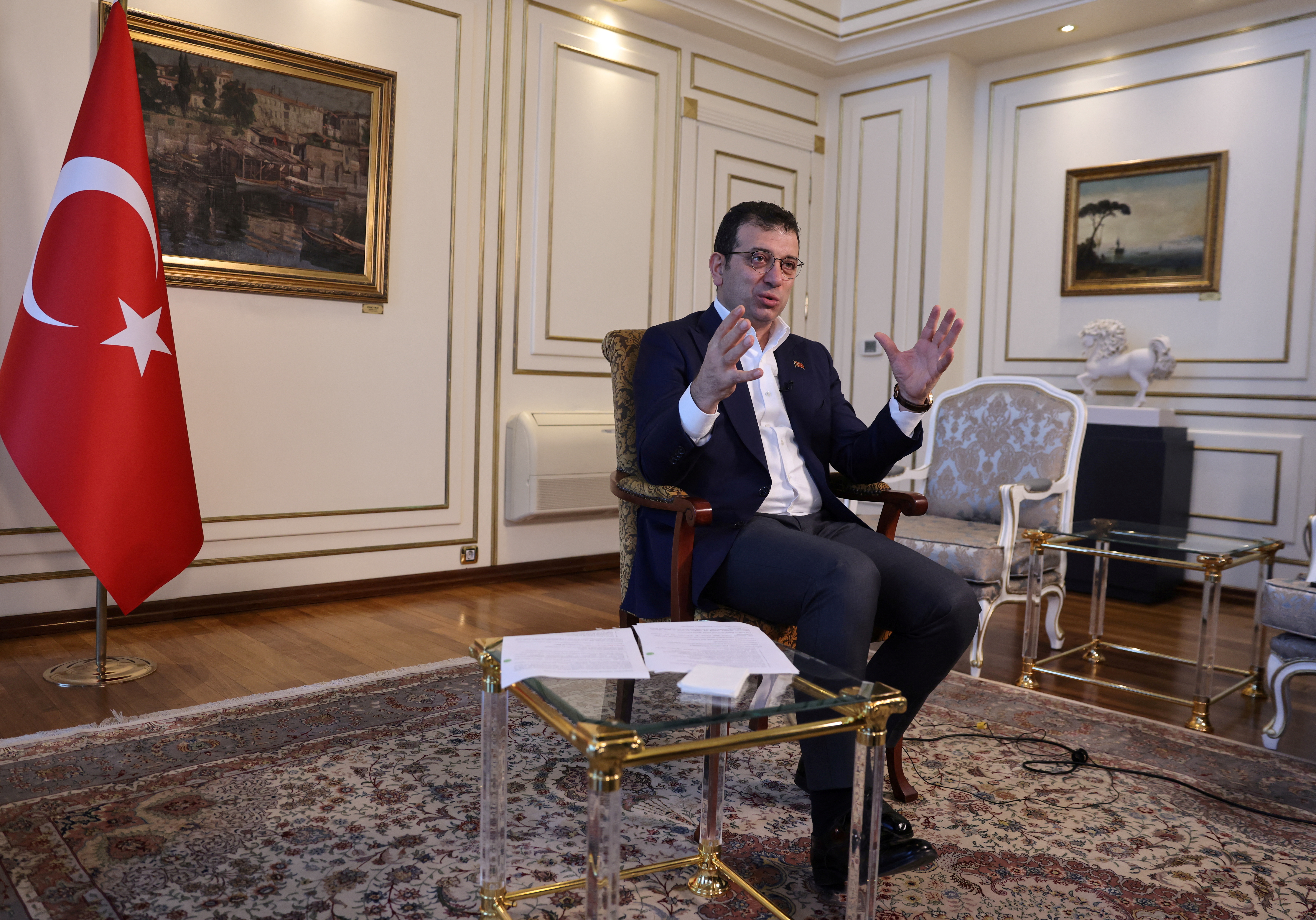 Mayor of Istanbul Ekrem Imamoglu gestures during an interview with Reuters in Istanbul