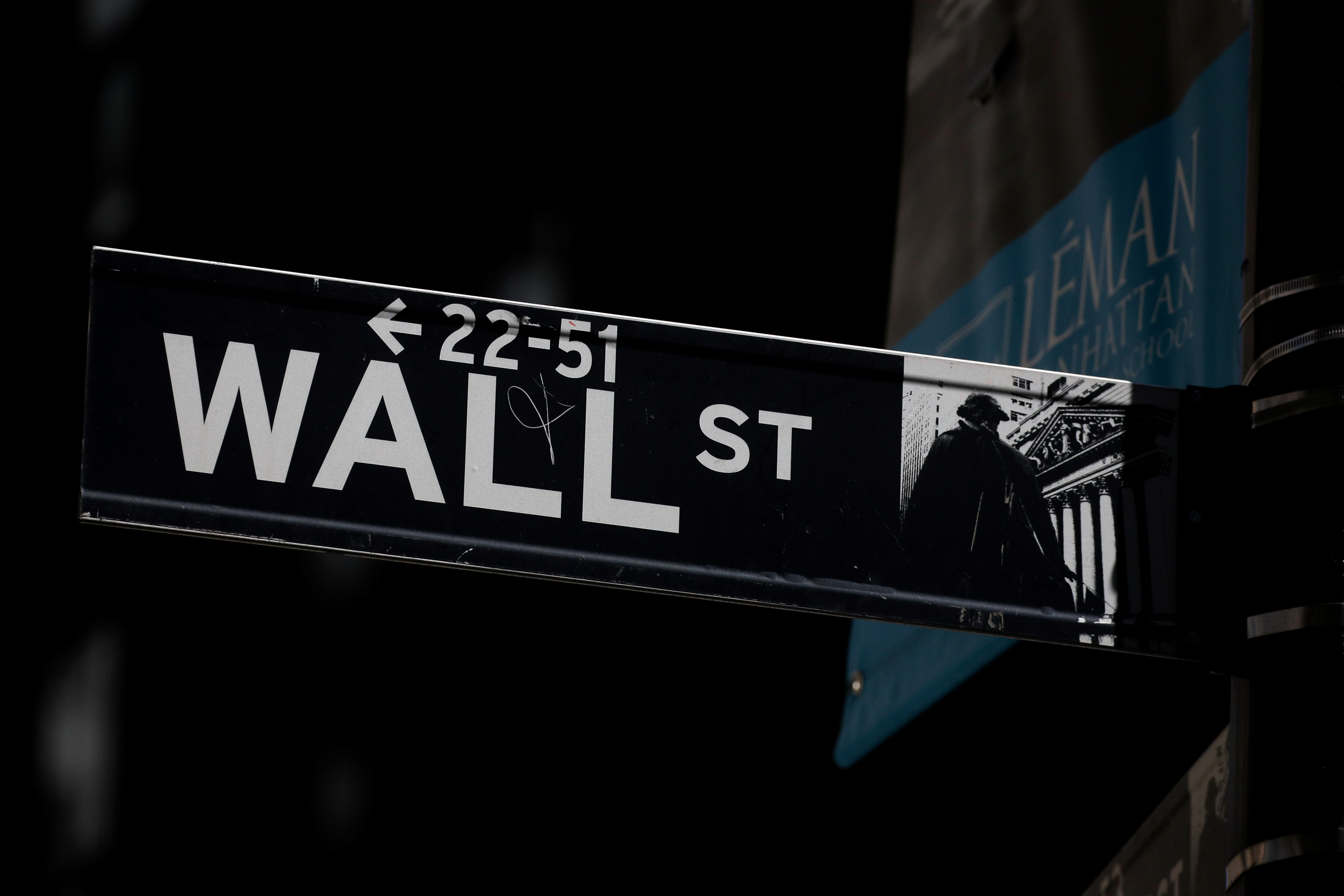 A Wall St. street sign is seen near the New York Stock Exchange (NYSE) in New York City, U.S., September 17, 2019. REUTERS/Brendan McDermid