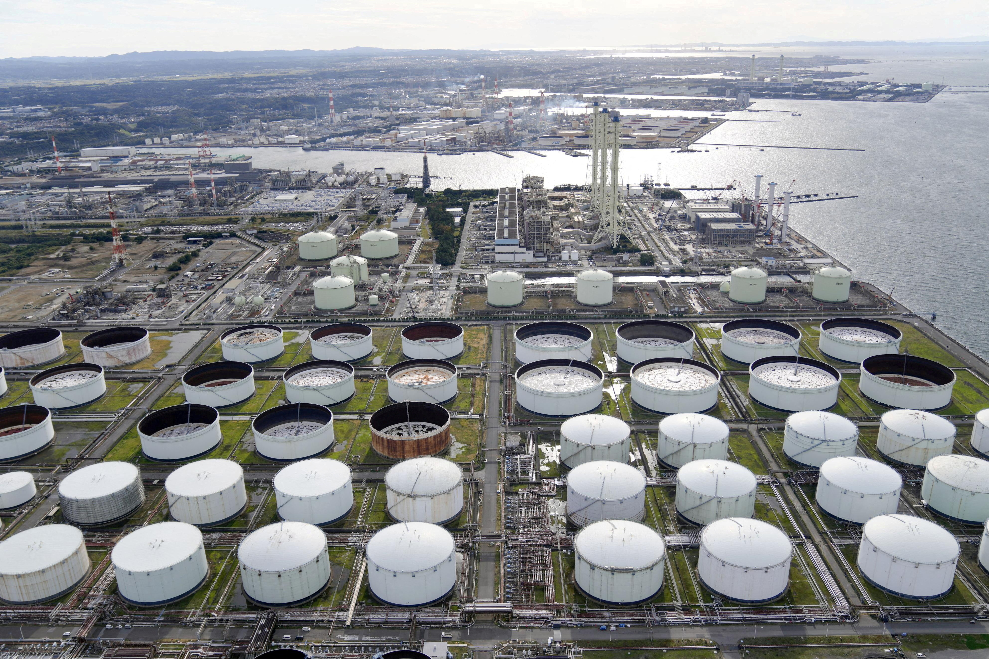 An aerial view shows an Idemitsu Kosan Co. oil facility in Ichihara, east of Tokyo