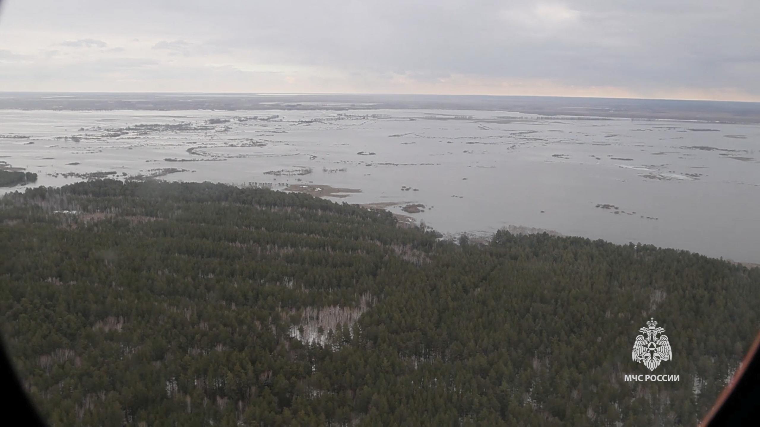 A view from a helicopter shows a flooded area in the Kurgan Region
