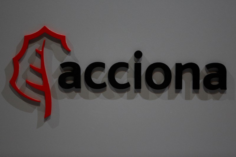 The logo of Spanish energy, construction and services conglomerate Acciona, is seen during company's annual shareholders meeting in Alcobendas