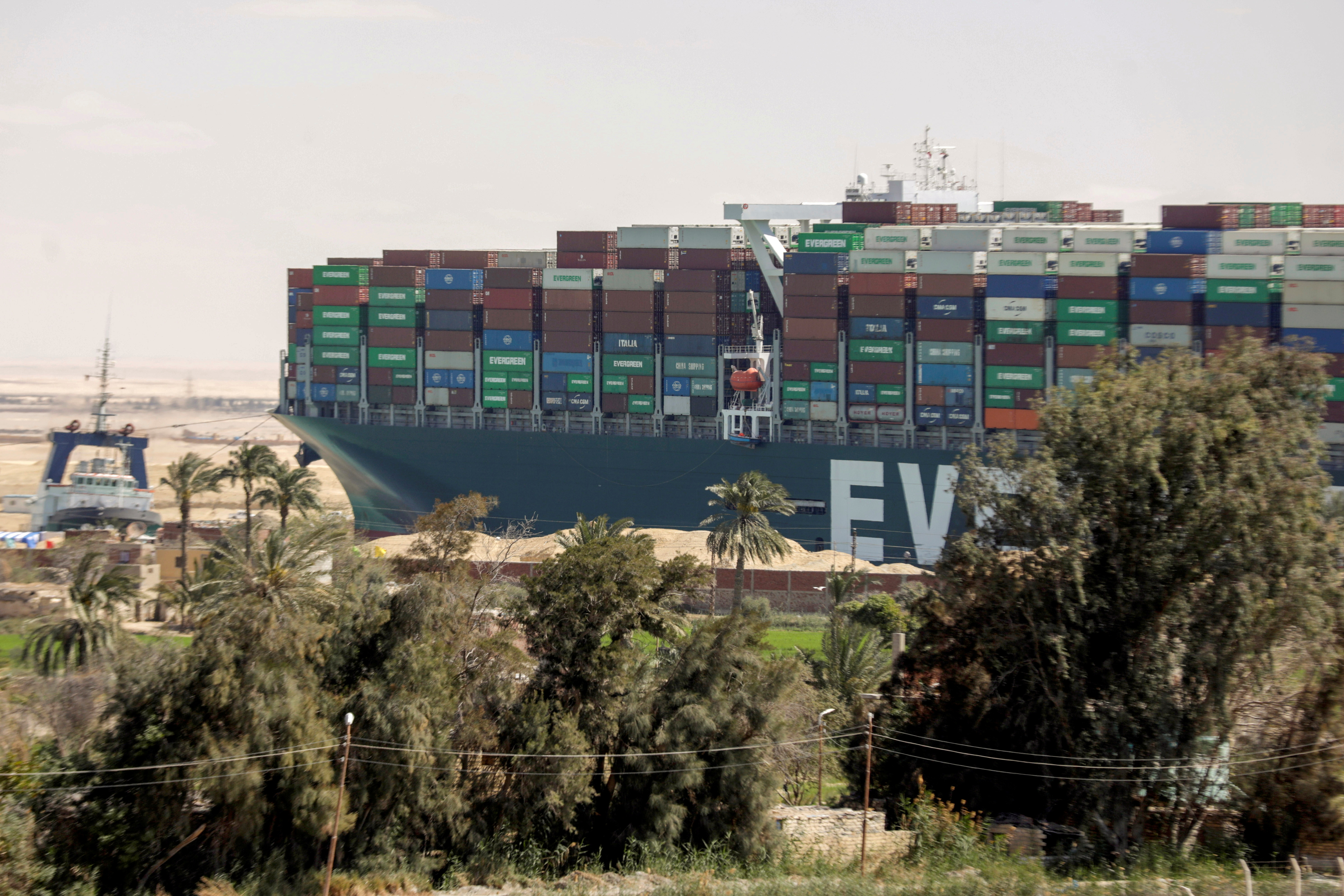 A view shows the ship Ever Given, one of the world's largest container ships, after it was partially refloated, in Suez Canal
