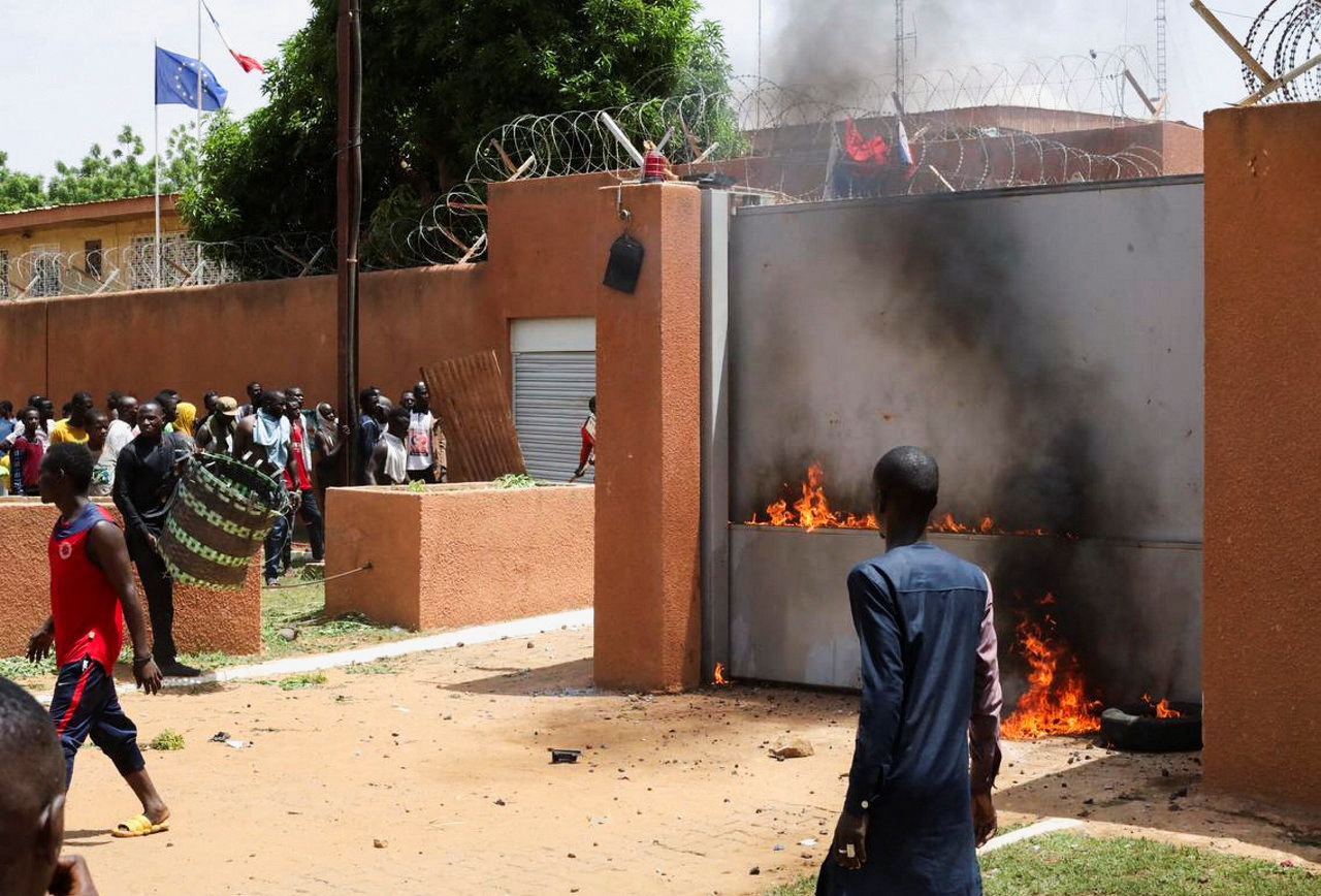 Pro-junta protesters gather outside the French Embassy in Niamey after military coup in Niger