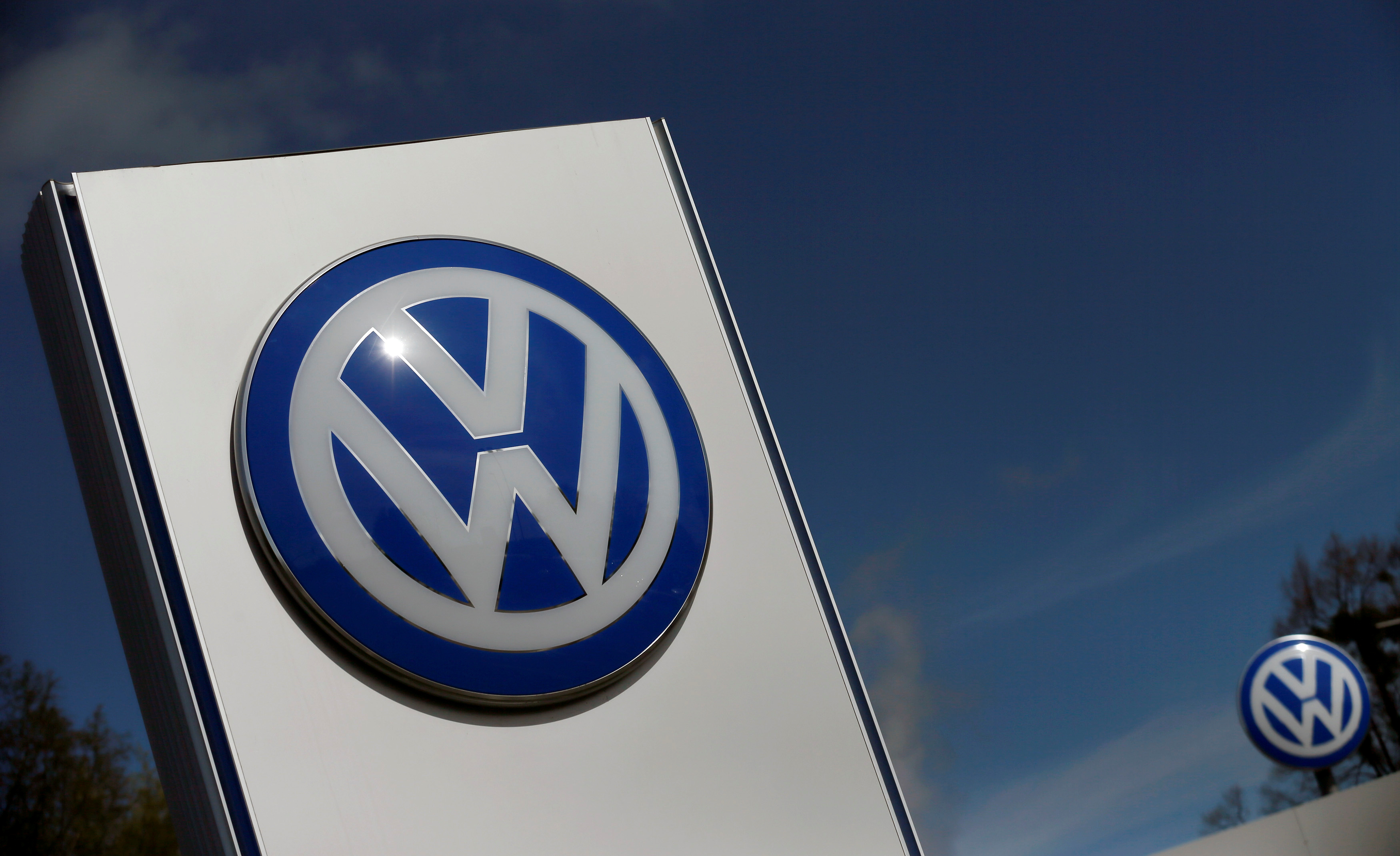 A Volkswagen logo is pictured at Volkswagen's headquarters in Wolfsburg