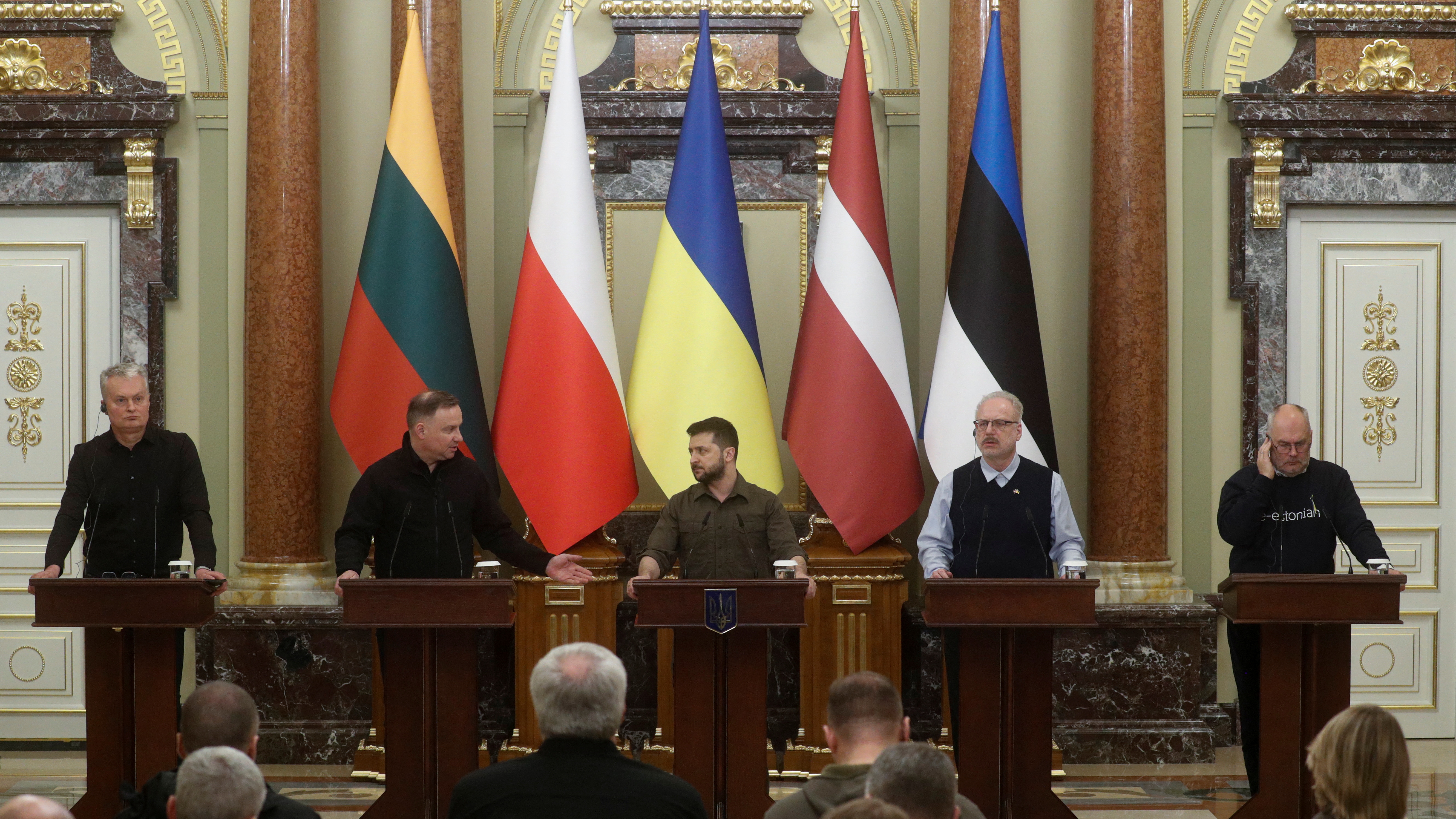 Ukraine's Zelenskiy, Poland's Duda, Lithuania's Nauseda, Latvia's Levits and Estonia's Karis hold news briefing in Kyiv
